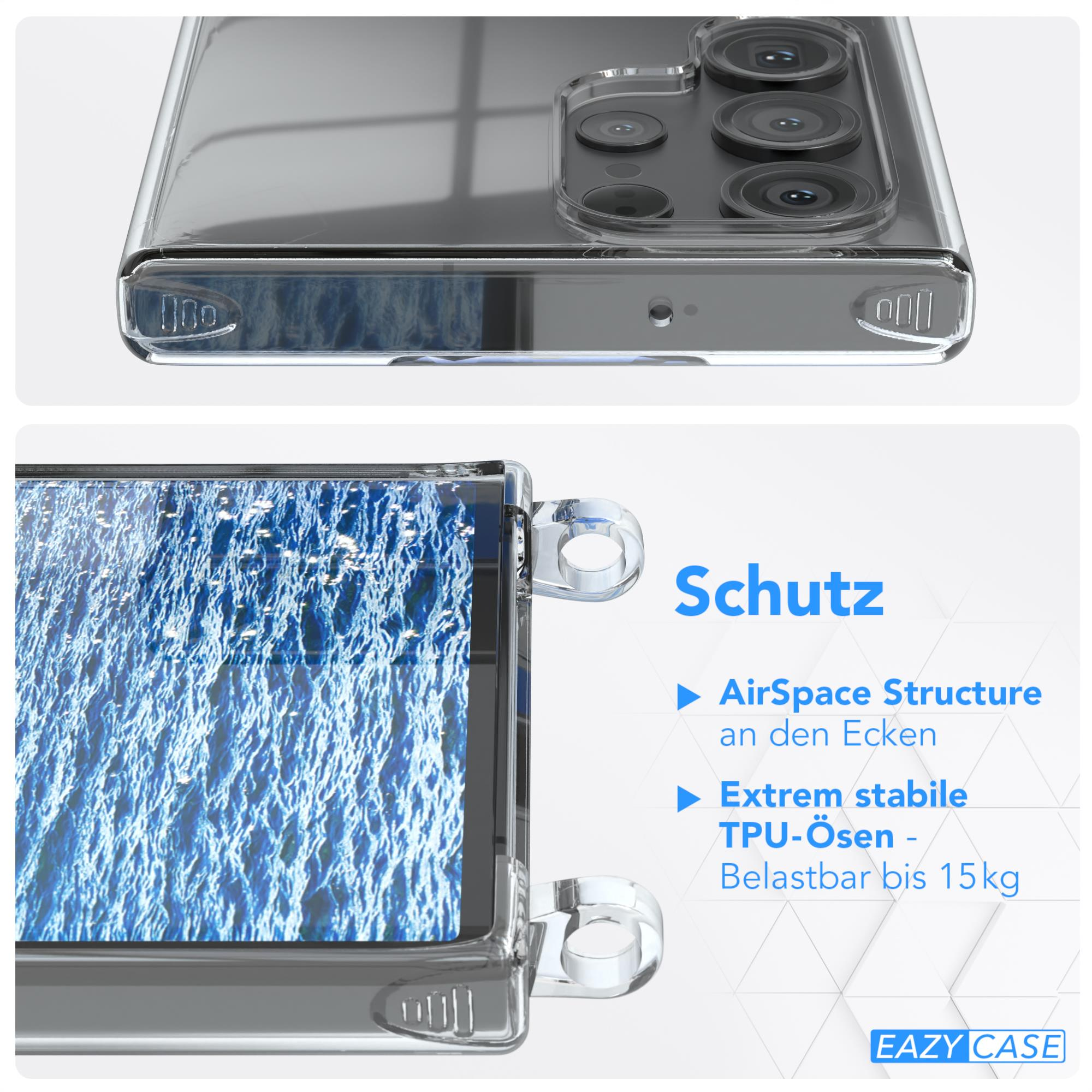 Eine transparente Handyhülle mit einem Telefon darin. Die Hülle hat Schutzfunktionen und den Namen der Marke.
