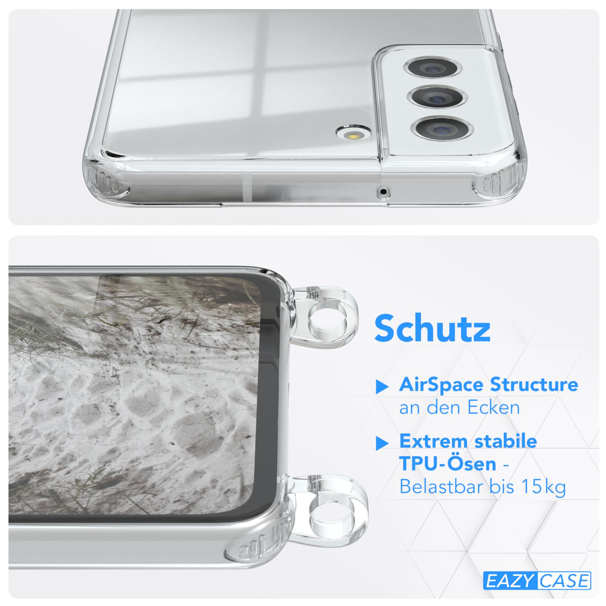 Transparente Handyhülle mit weißem Hintergrund und Strandbild, mit Schutzziel-Text.