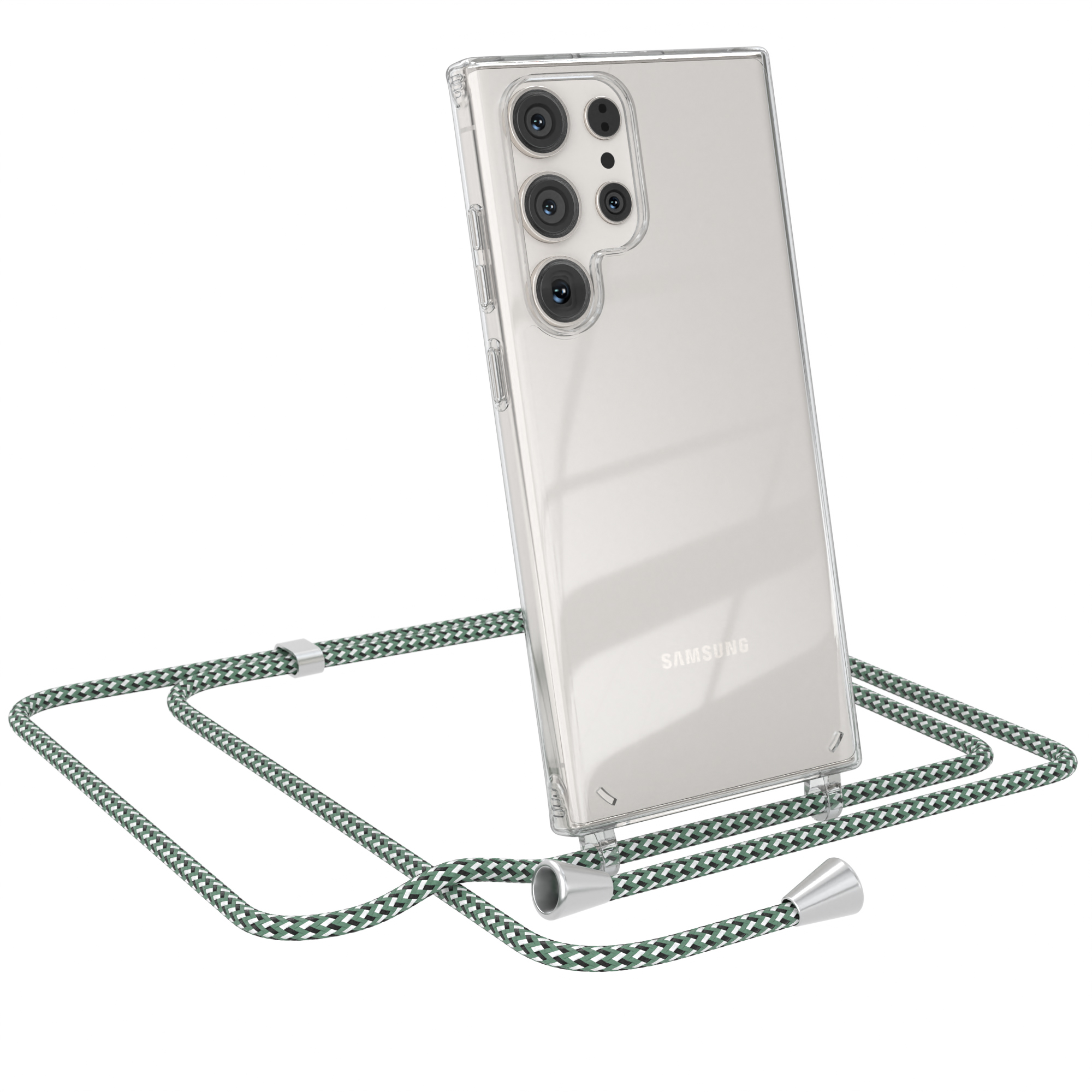 Transparente Handyhülle mit Lanyard. Transparente Hülle und grünes Lanyard. Weißer Hintergrund.