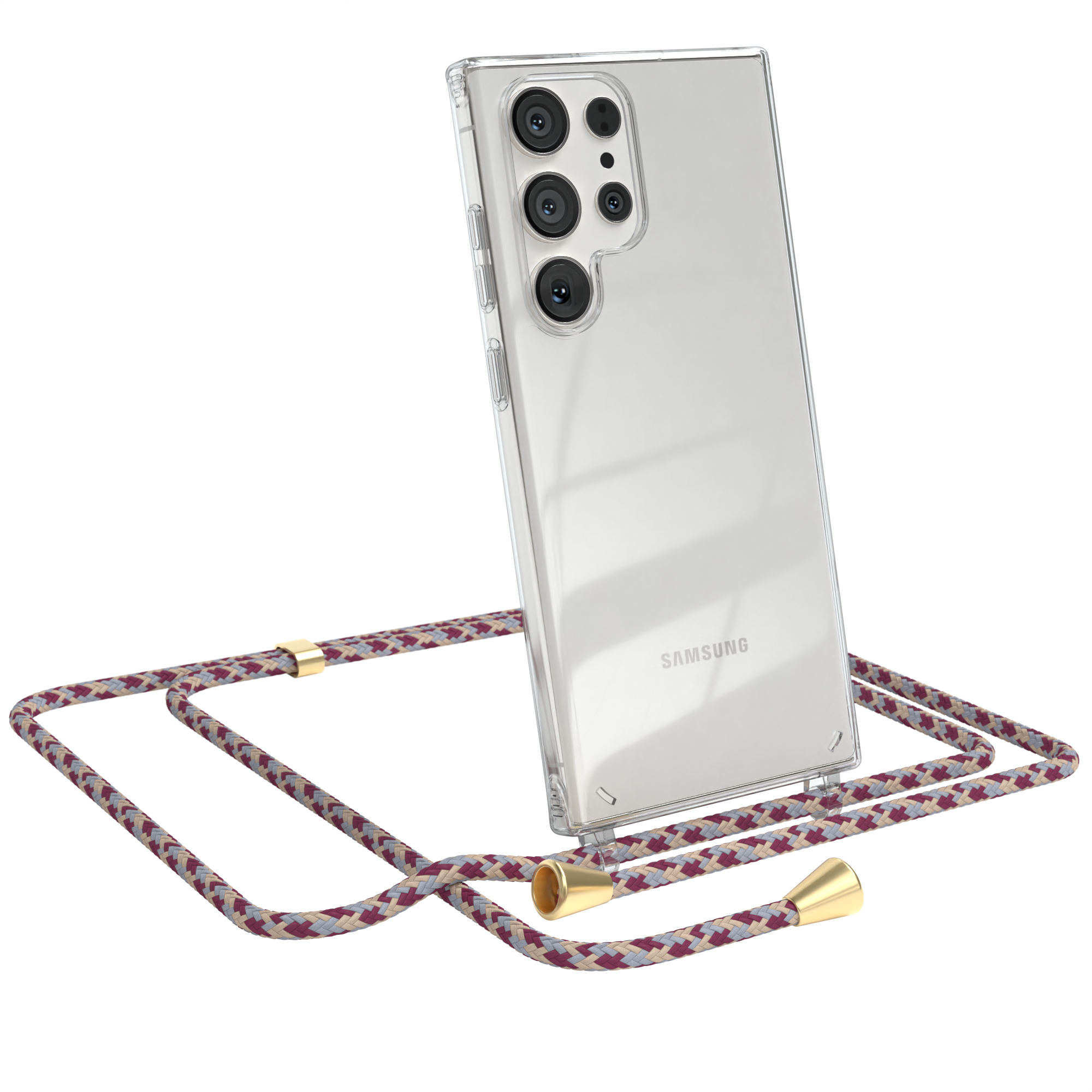 Samsung, Beige Clear mit Gold Clips Rot S23 CASE Ultra, Cover Camouflage Umhängeband, / Galaxy EAZY Umhängetasche,