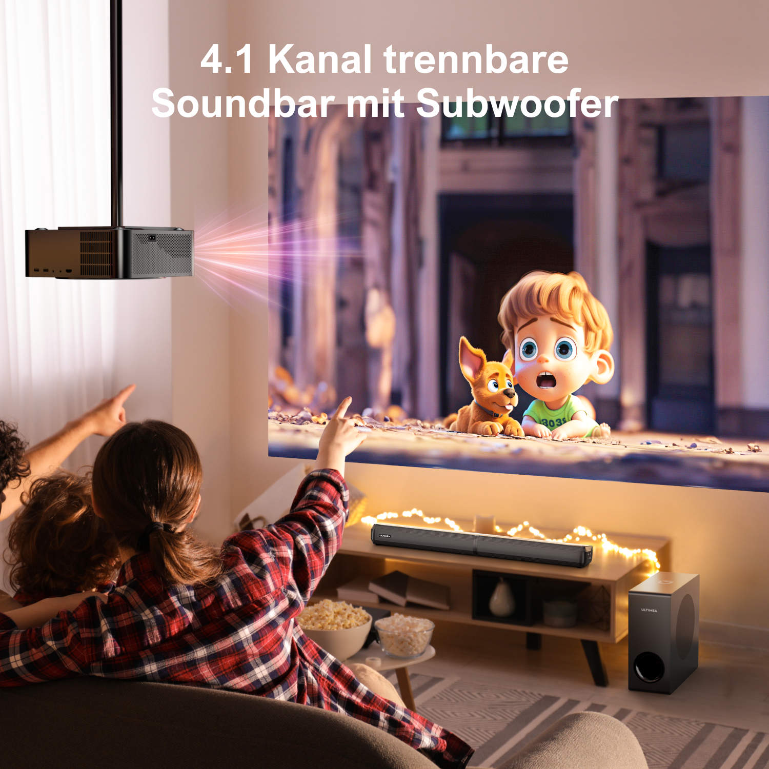 Zwei Personen schauen sich einen Projektor an, der einen Cartoon anzeigt, mit einer Soundbar und einem Subwoofer.