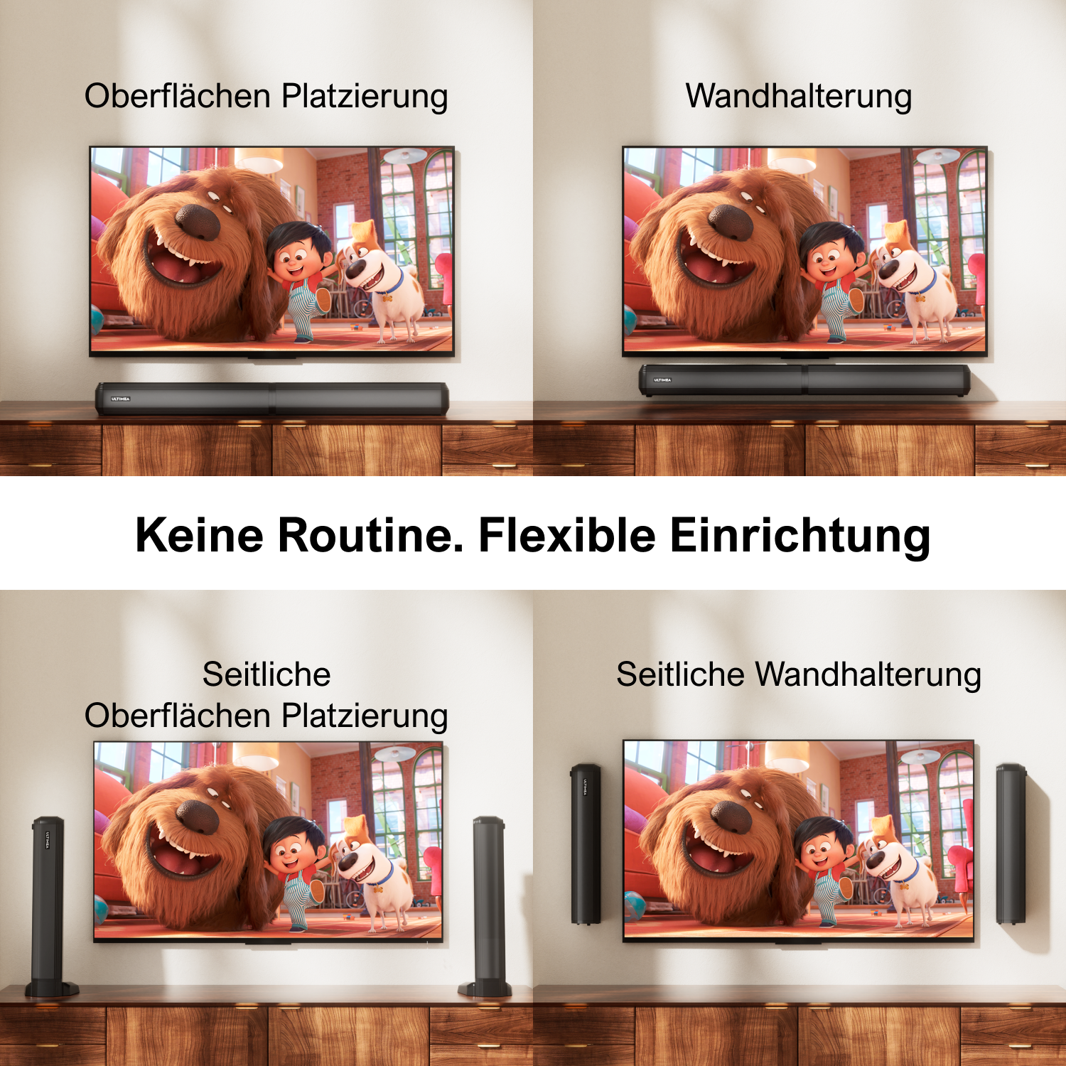Verschiedene Platzierungen einer Soundbar auf einem TV-Ständer und Wandmontage mit Lautsprechern.