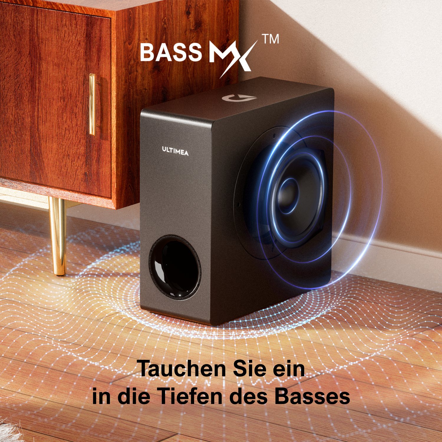 Ein Subwoofer mit einem leuchtenden blauen Ring um den Lautsprecher auf einem Holzschrank.