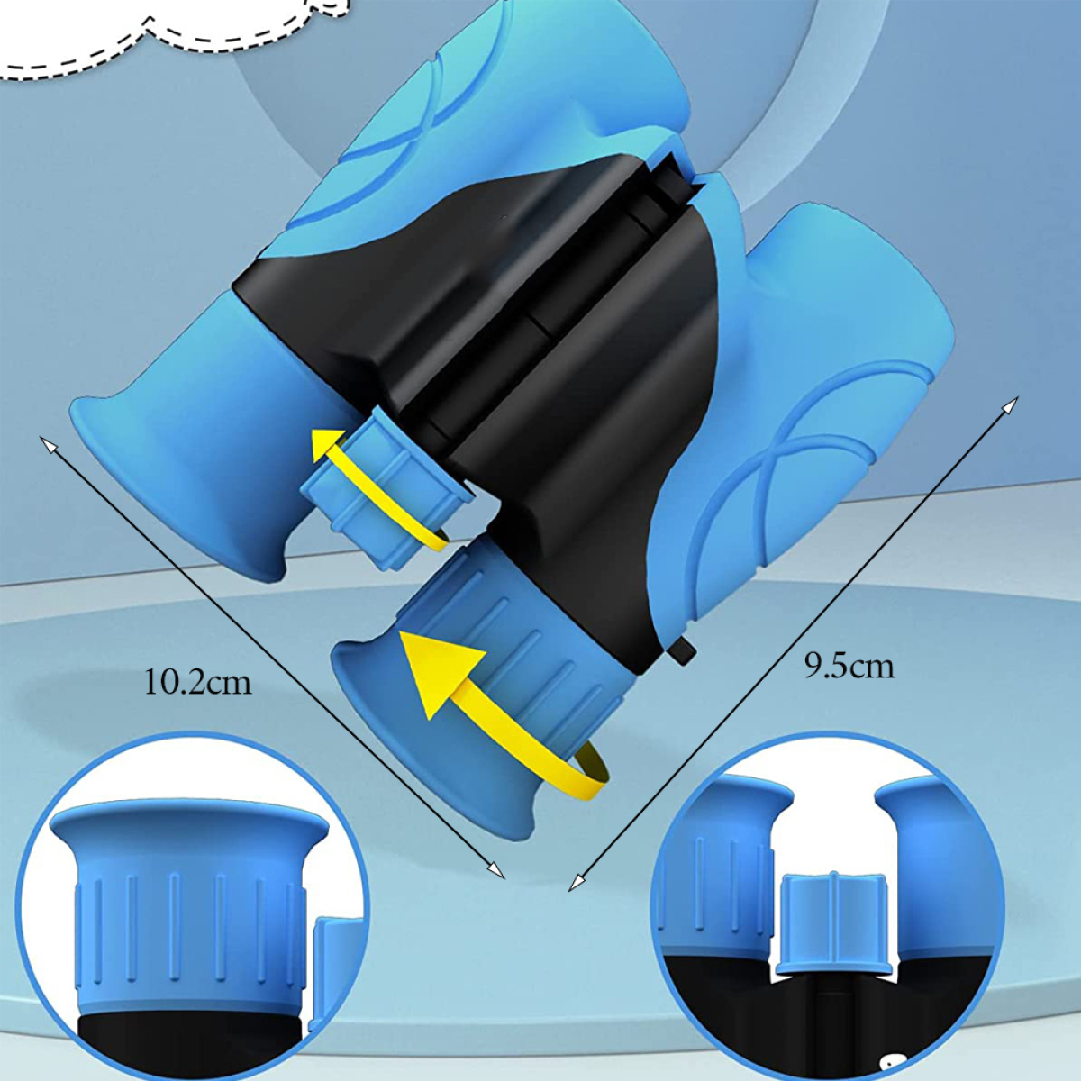 Blaue und schwarze Ferngläser mit gelben Pfeilen, die auf die Einstellelemente zeigen. Abmessungen werden angezeigt.