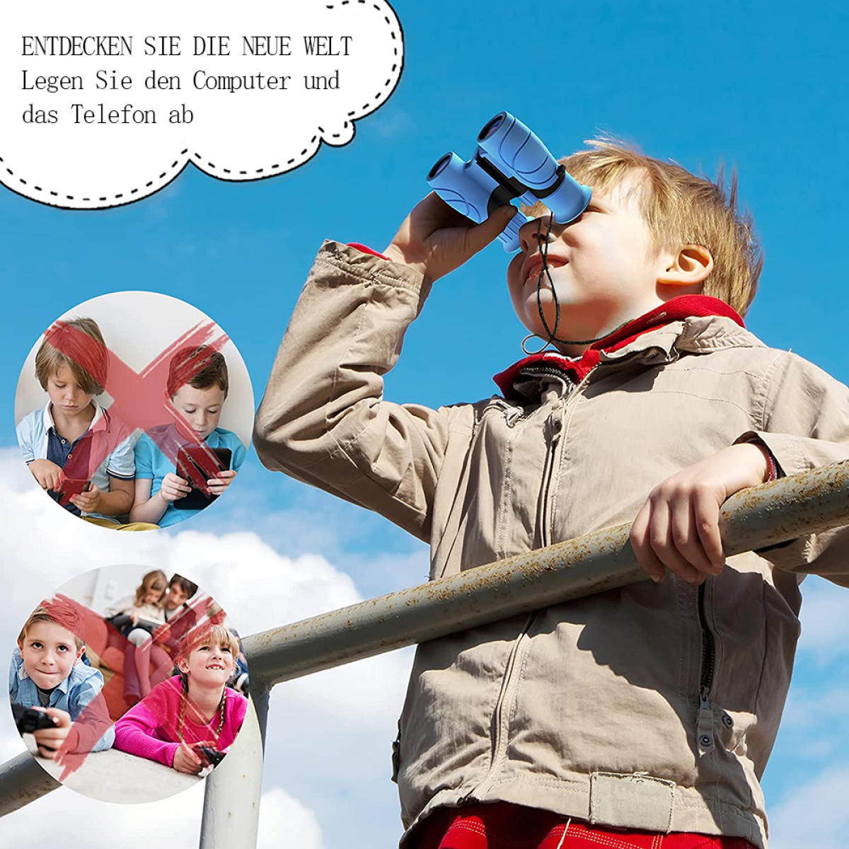 Junge benutzt Fernglas, mit einer Illustration von Kindern am Telefon und einem Aufruf zur Nutzung von Ferngläsern.