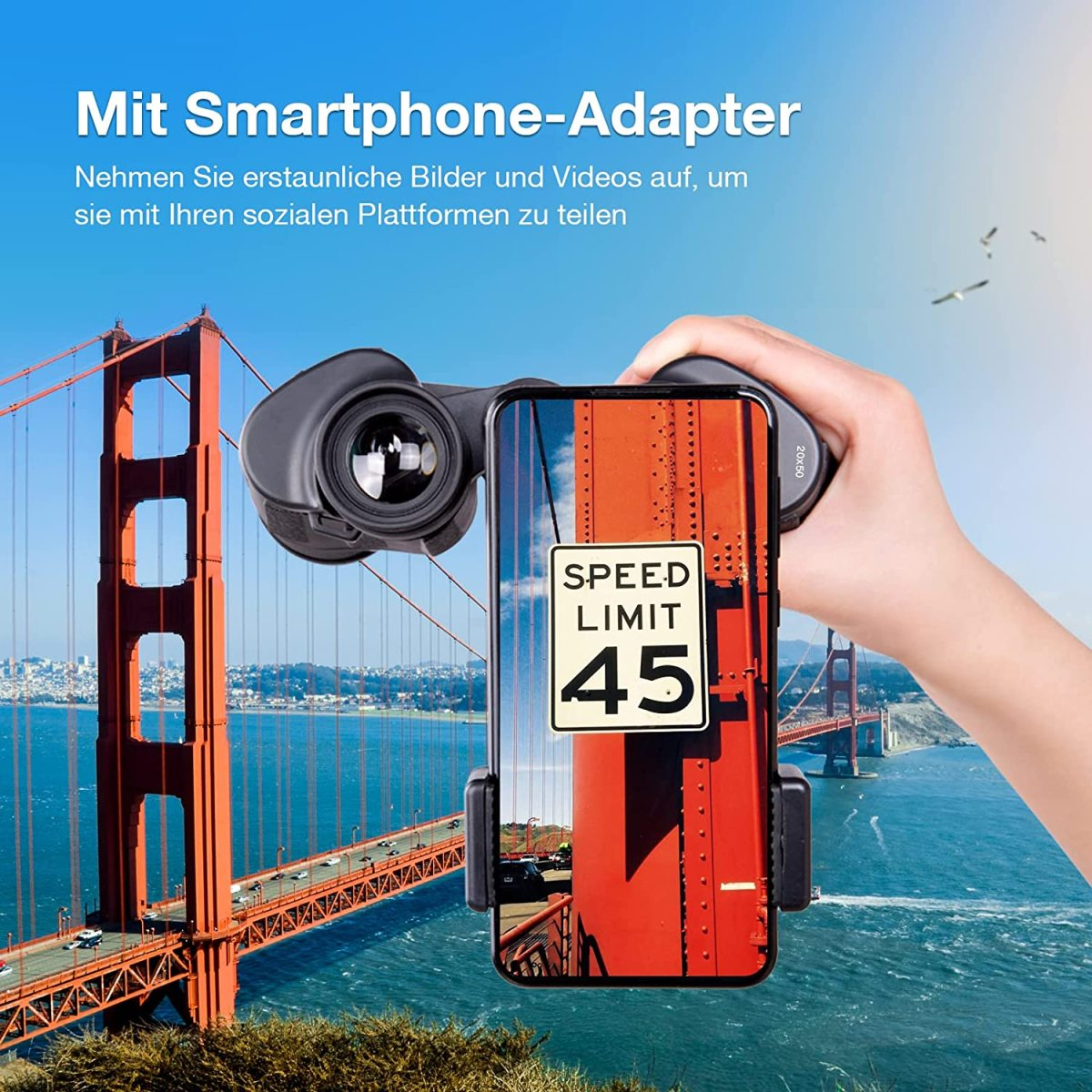 Person hält ein Fernglas über ein Telefon, das eine Ansicht der Golden Gate Bridge zeigt.
