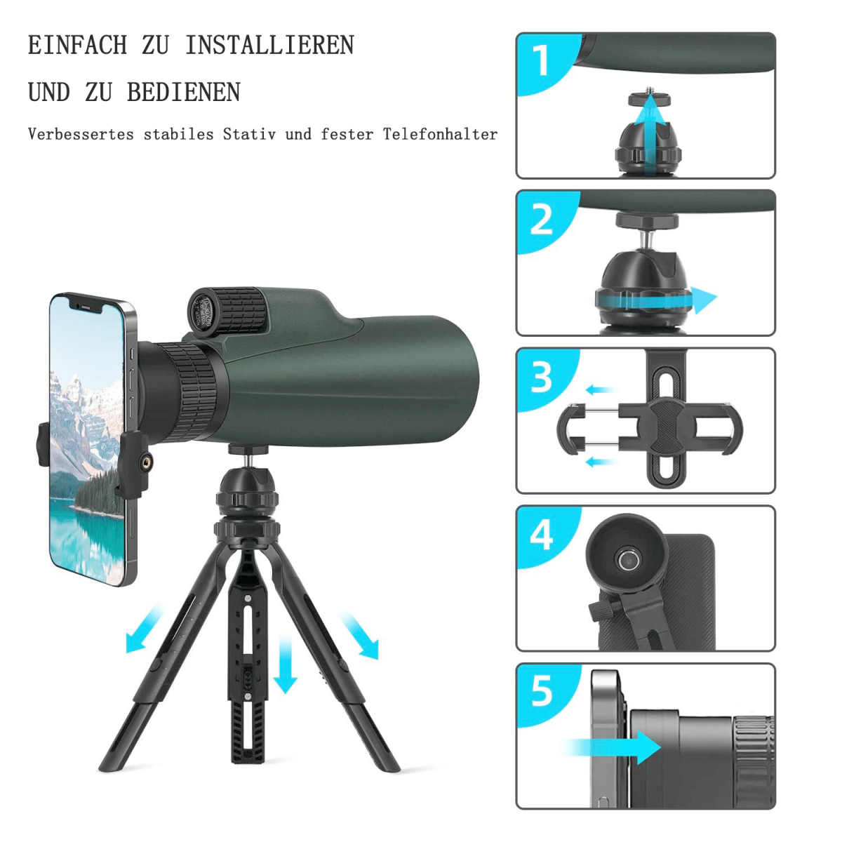 Ein Spektiv mit Telefonhalterung und Stativ, mit Installationsschritten.