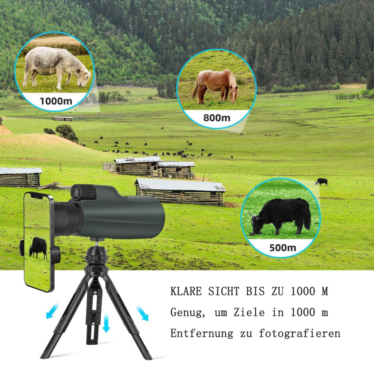 Ein Monokular auf einem Stativ. Schafe, Pferd und Kuh in der Ferne. Grünes Feld.