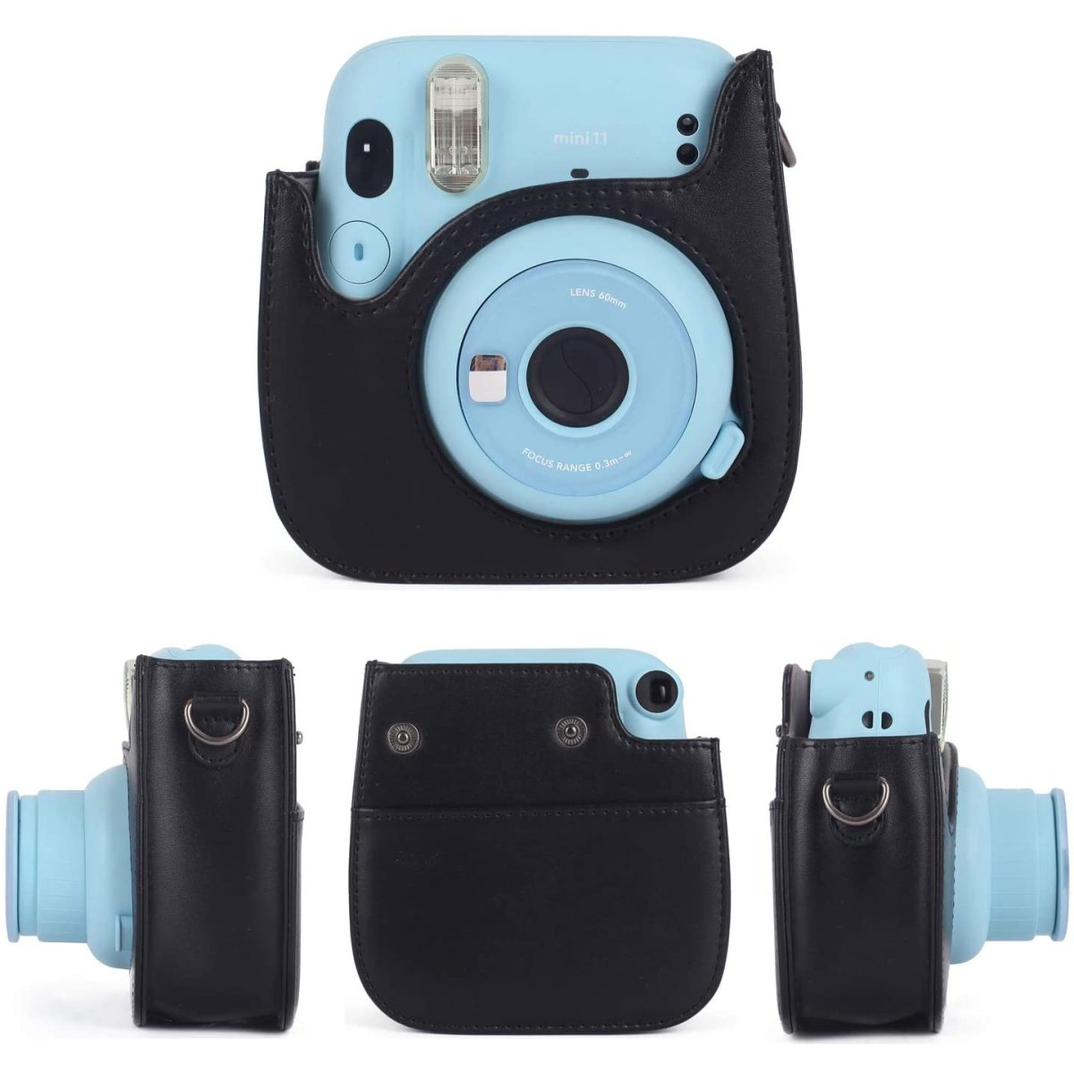 Blaue Kamera in einer schwarzen Ledertasche. Zeigt Vorder-, Seiten- und Draufsicht. Weißer Hintergrund.