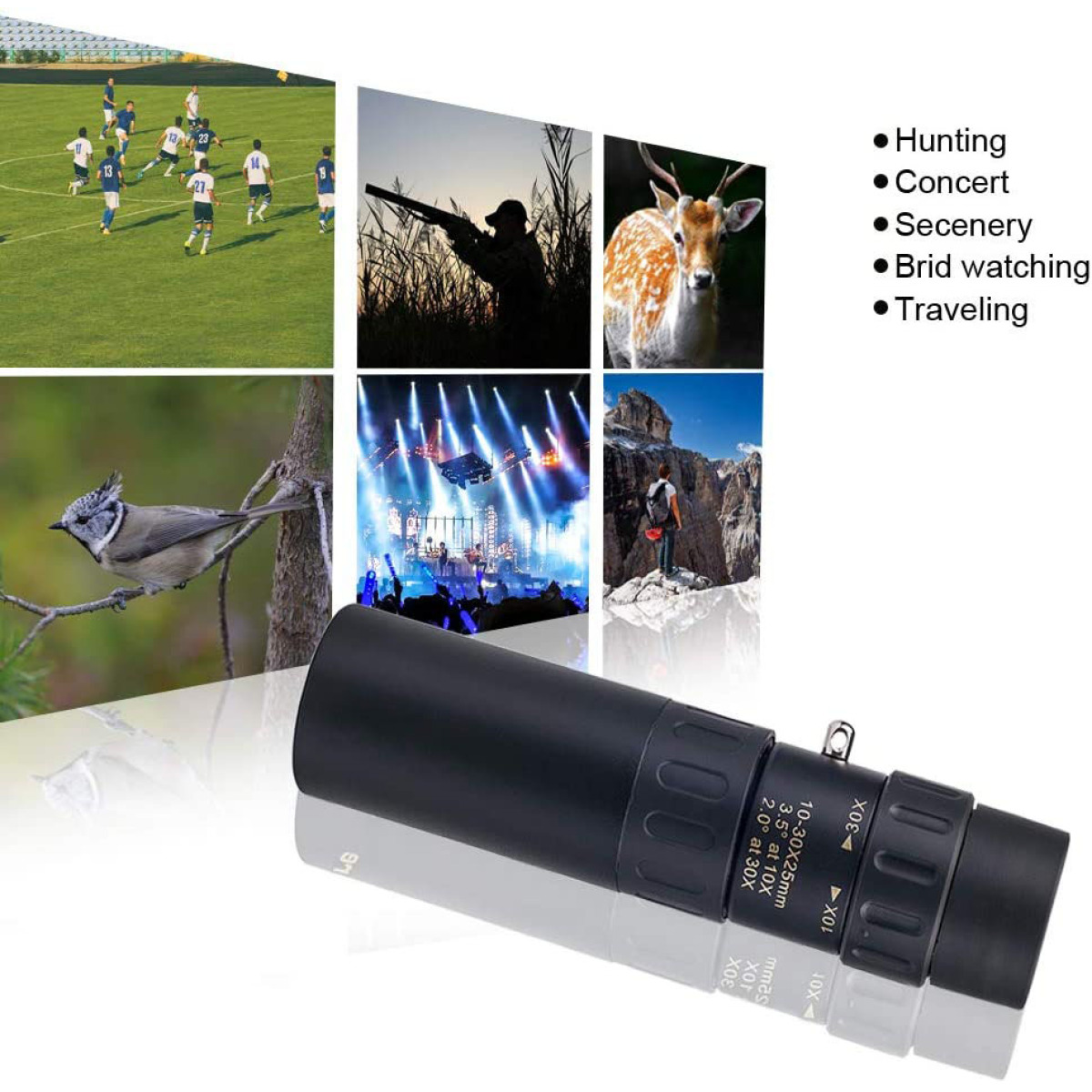 Monokular mit Bildern von Fußball, Jagd, Konzert, Hirsch, Vogelbeobachtung und Reisen.