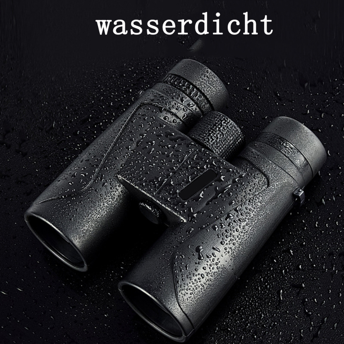 Fernglas, schwarz, mit dem Wort 'wasserdicht' oben. Wassertropfen vorhanden.