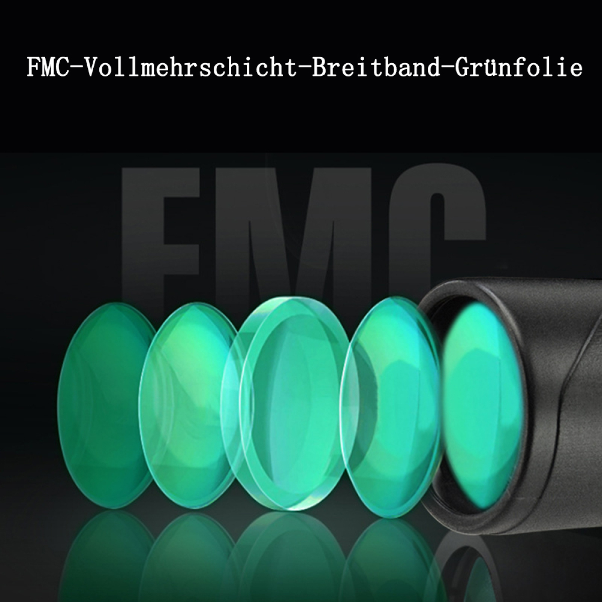 Nahaufnahme von grünen Linsen in einem schwarzen Gerät, schwarzer Hintergrund.