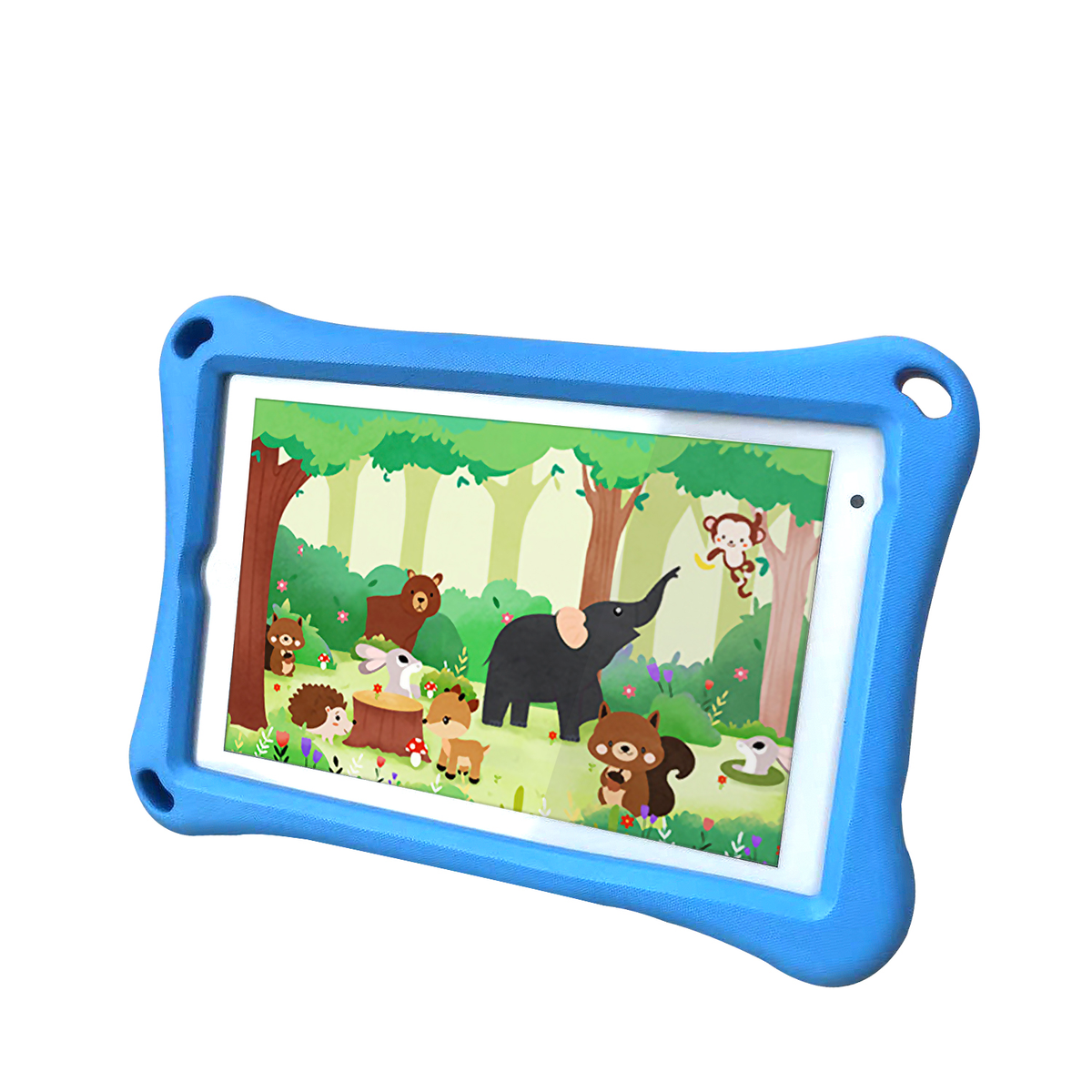Custodia blu per tablet con schermo che mostra animali dei cartoni animati in un bosco.