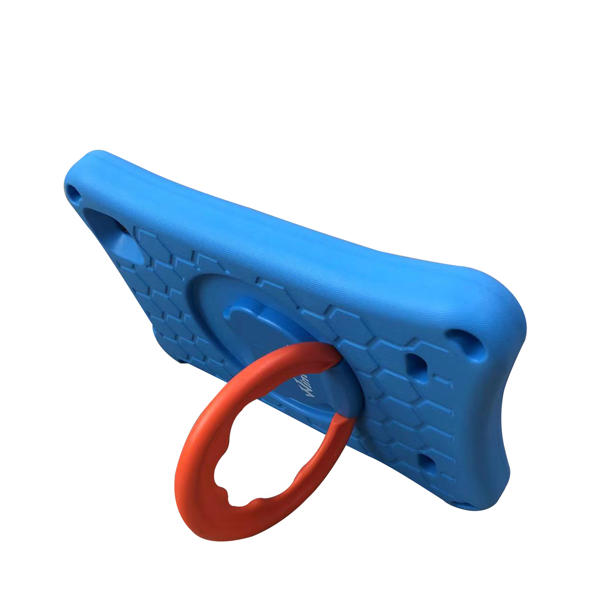 Una custodia blu per tablet con maniglia ad anello arancione. Lo sfondo è bianco.
