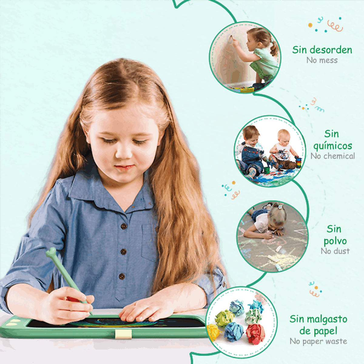 Una bambina disegna su un tablet verde. L'immagine mostra anche altri tre bambini che disegnano.