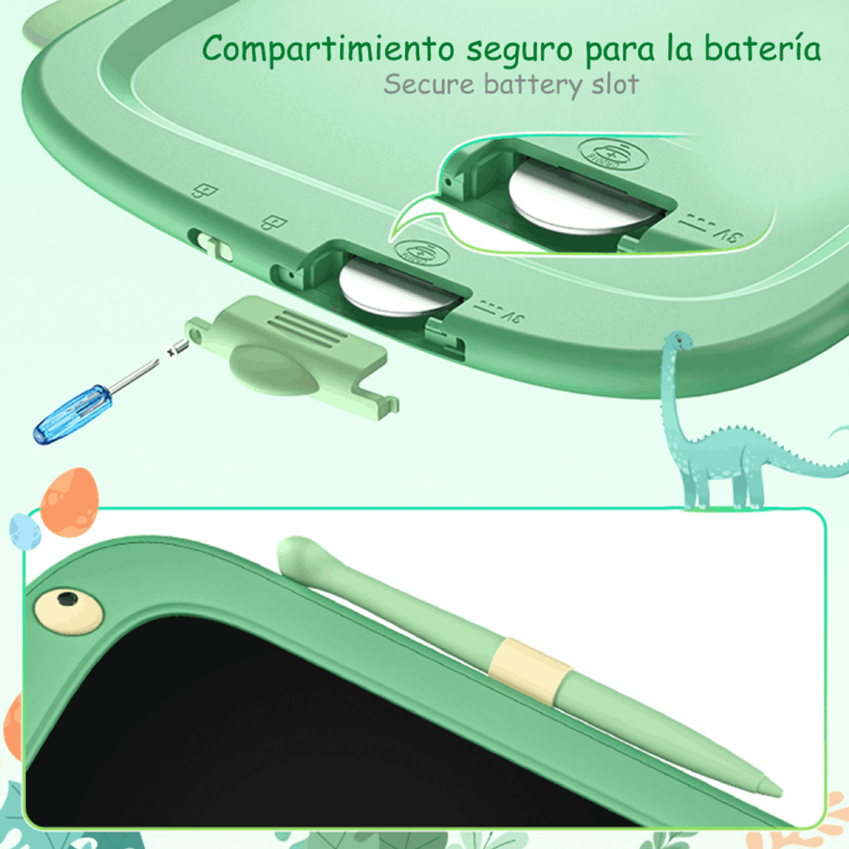 Tavoletta da disegno verde con design dinosauro, penna e batterie.