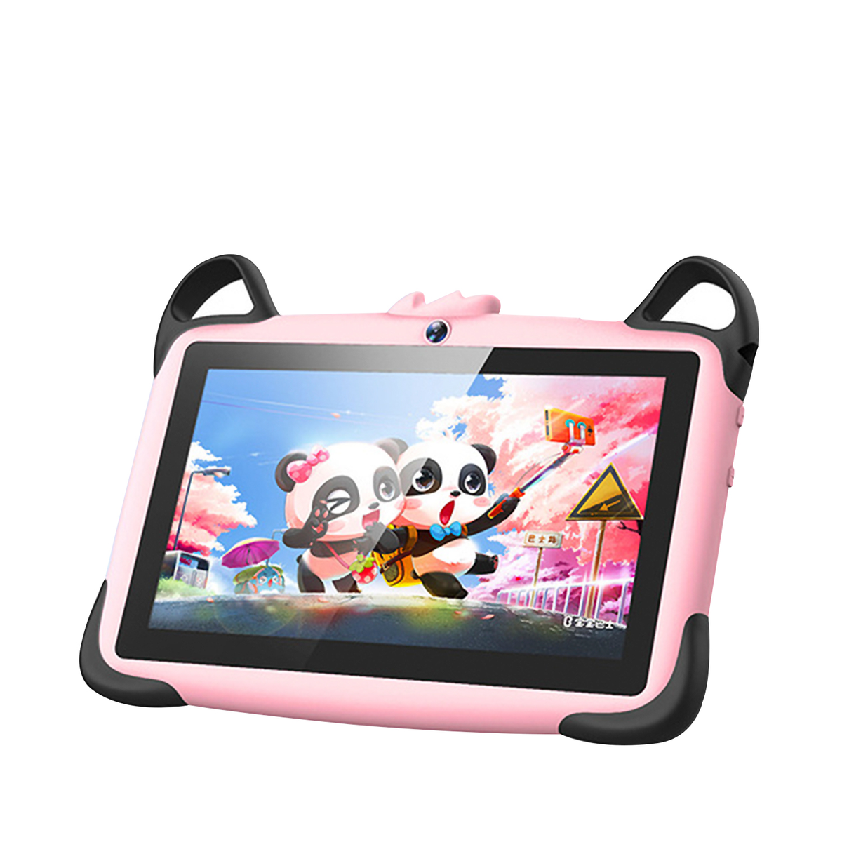 Tableta rosa para niños con dibujos de pandas en la pantalla.