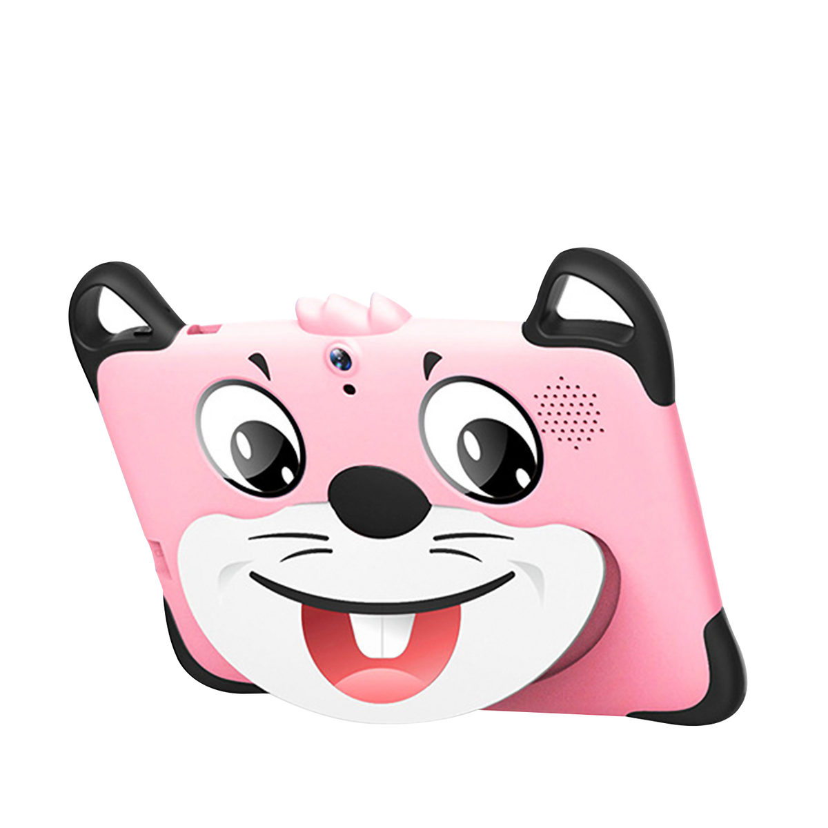 Tableta rosa con cara de hámster de dibujos animados. Tiene orejas, ojos, nariz negros y boca sonriente.