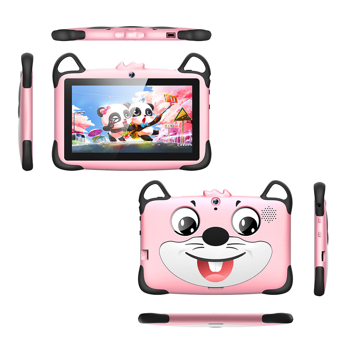 Tableta rosa de dibujos animados con un dibujo de panda, y múltiples vistas. Acentos negros y una sonrisa.