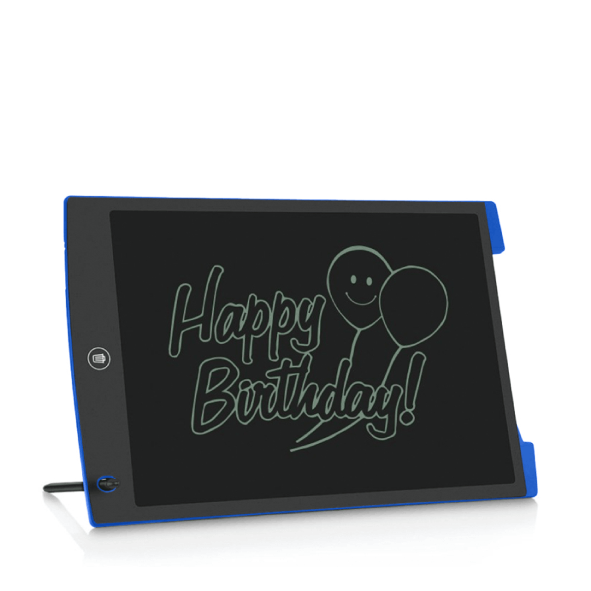 Tavoletta di scrittura elettronica blu, con un disegno che dice: "Buon compleanno!"