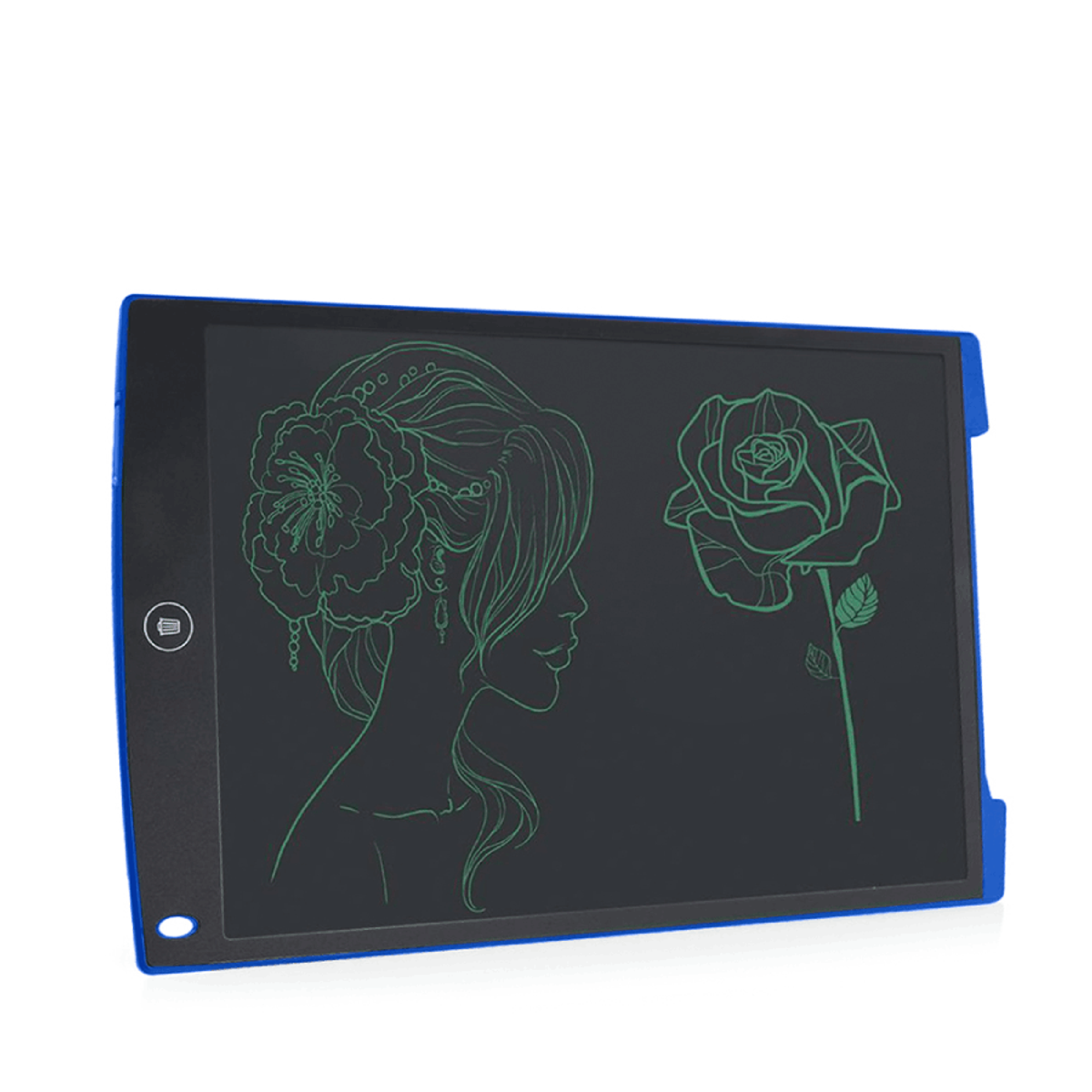 Tablet blu con un disegno del profilo di una donna e una rosa.