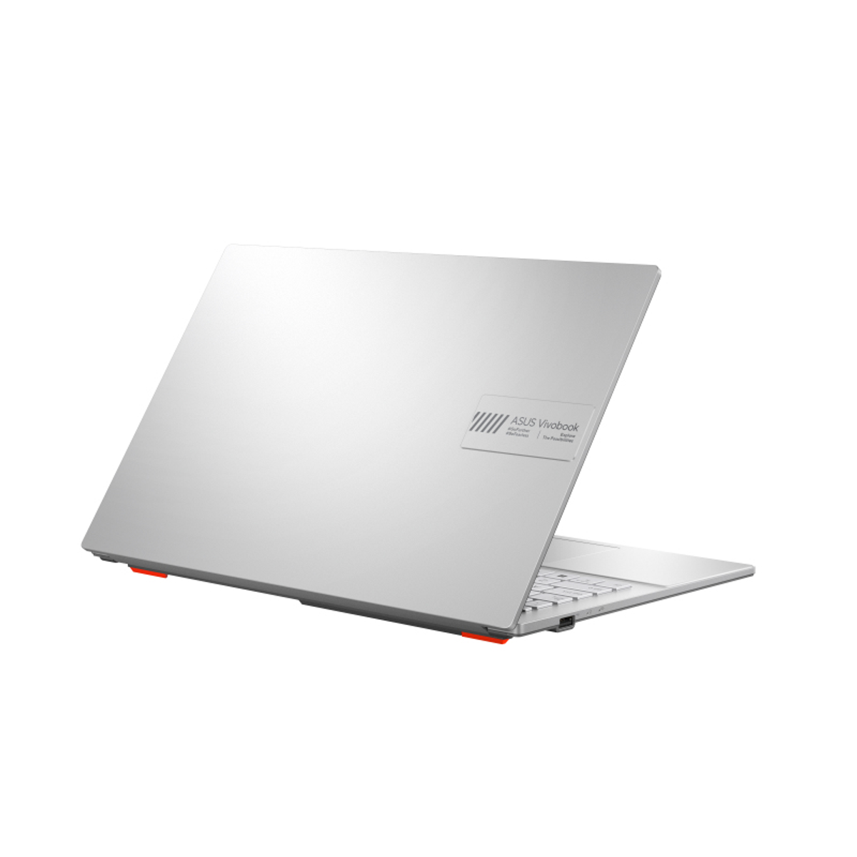 Srebrny laptop z logo ASUS Vivobook. Tło jest białe.