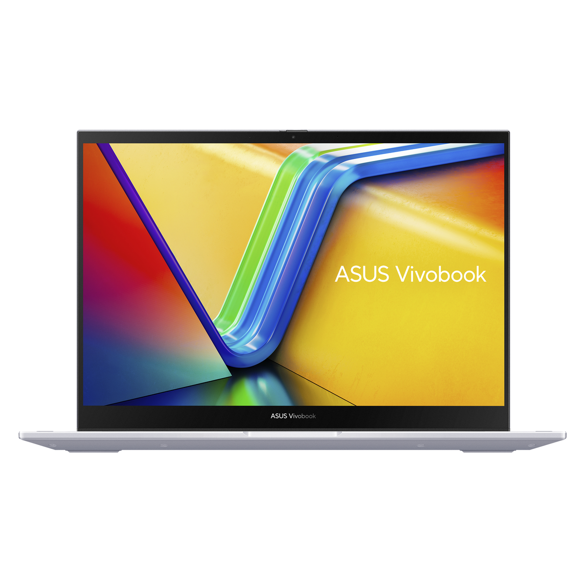 Portátil plateado abierto con pantalla colorida. El ASUS Vivobook está sobre fondo blanco.