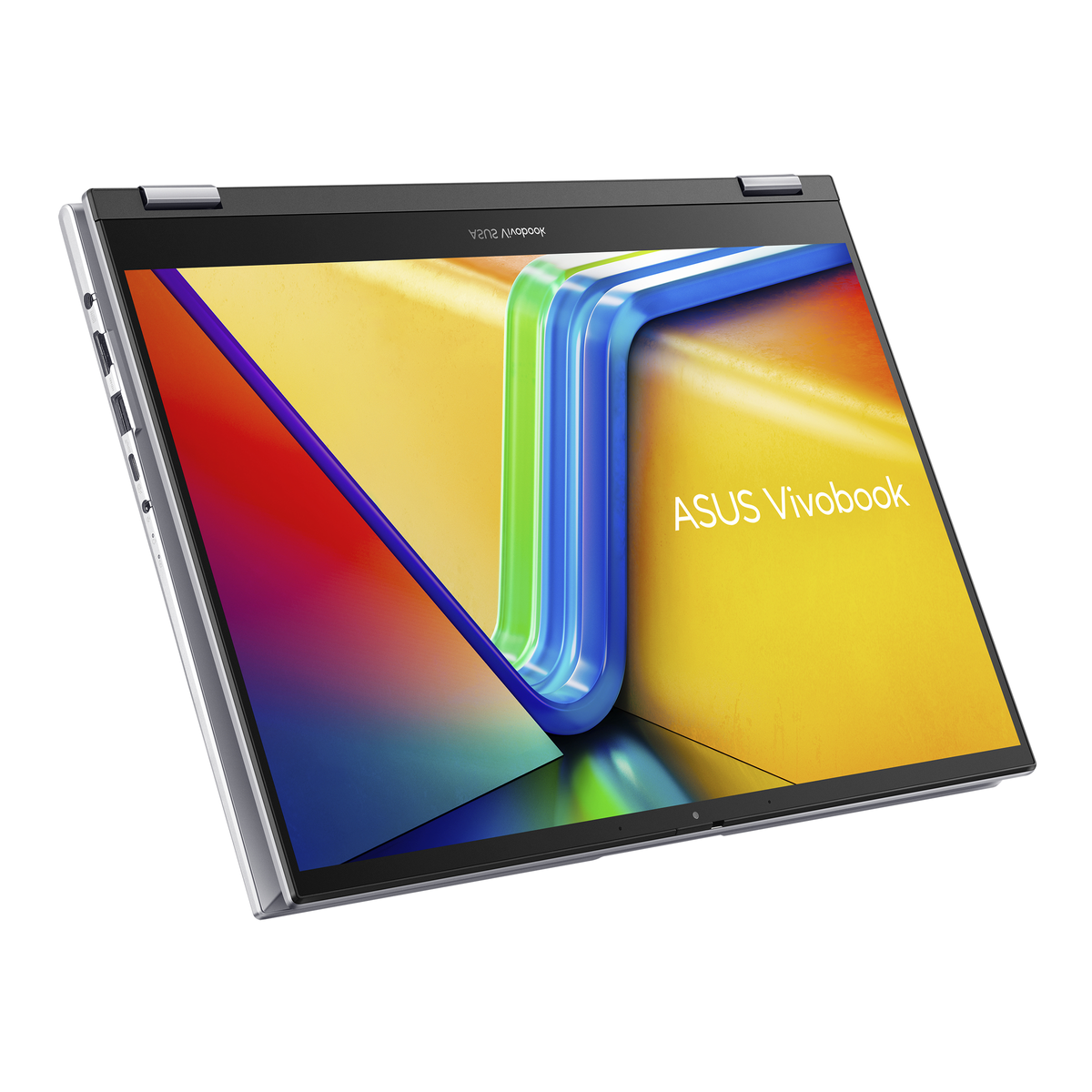 Una computadora portátil ASUS Vivobook con una pantalla colorida y un cuerpo plateado, en ángulo sobre una superficie blanca.