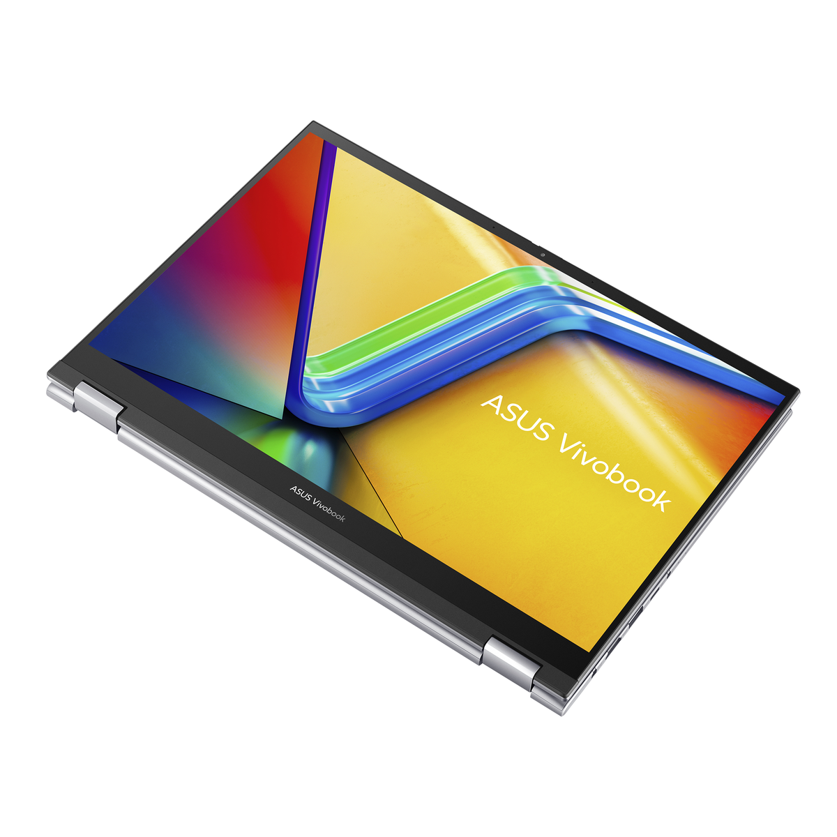 Un portátil plateado con una pantalla colorida está abierto. El nombre de la marca ASUS Vivobook es visible.