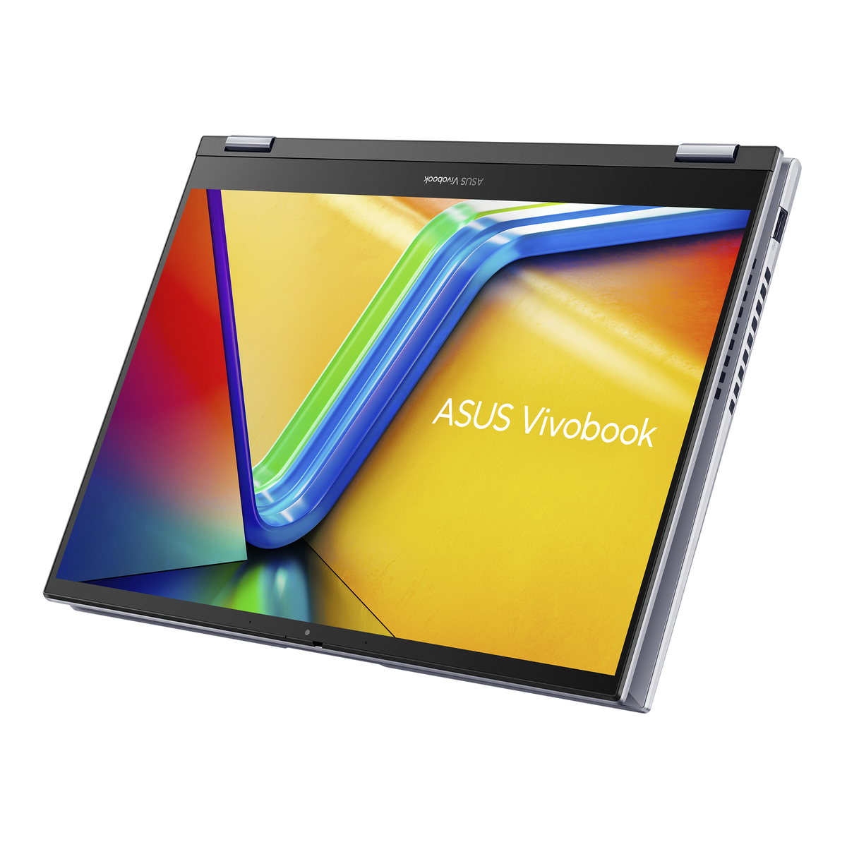 Portátil Asus Vivobook, gris y plata, abierto con pantalla mostrando un diseño colorido.