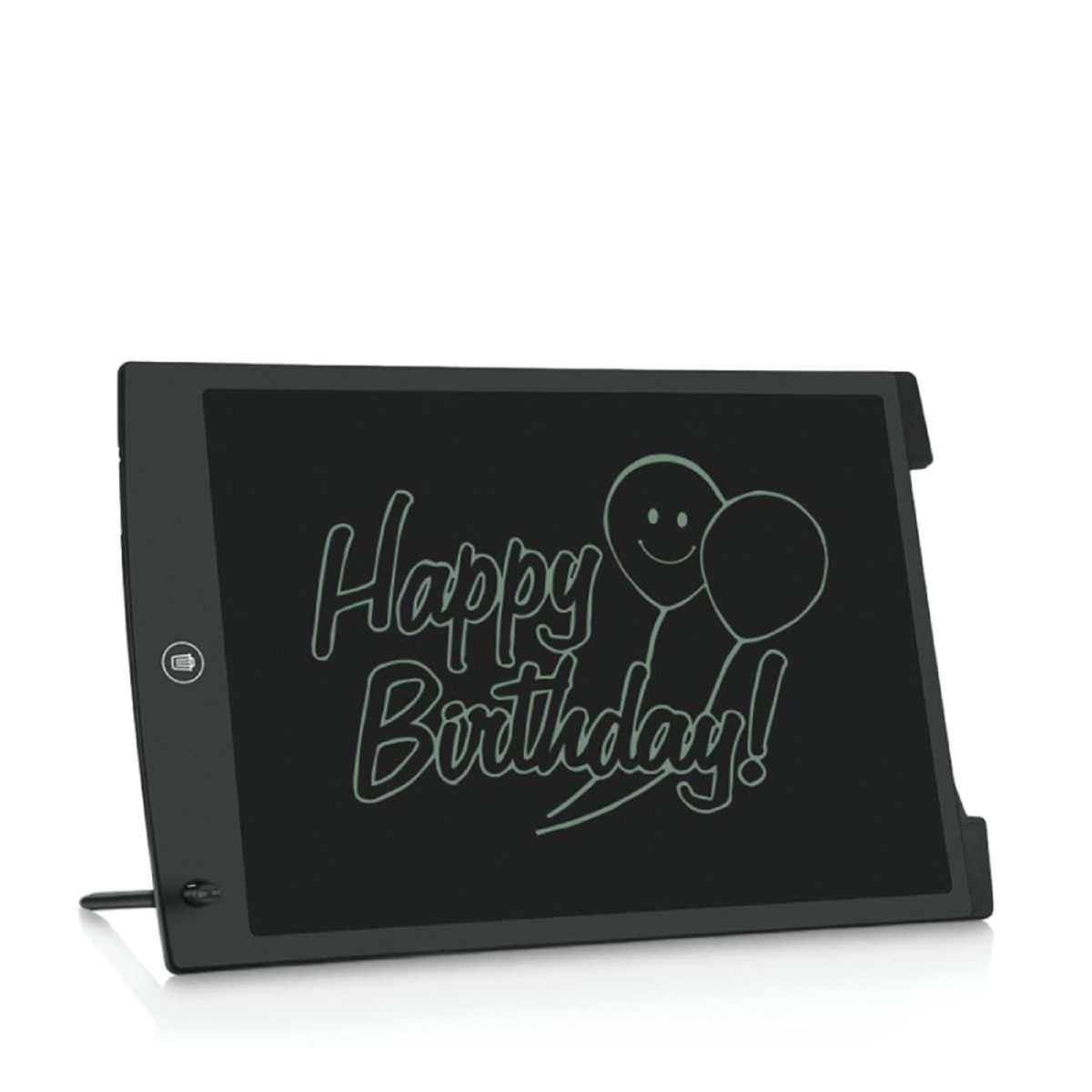 Tavoletta di scrittura elettronica nera con 'Buon compleanno!' e palloncini verdi sullo schermo.