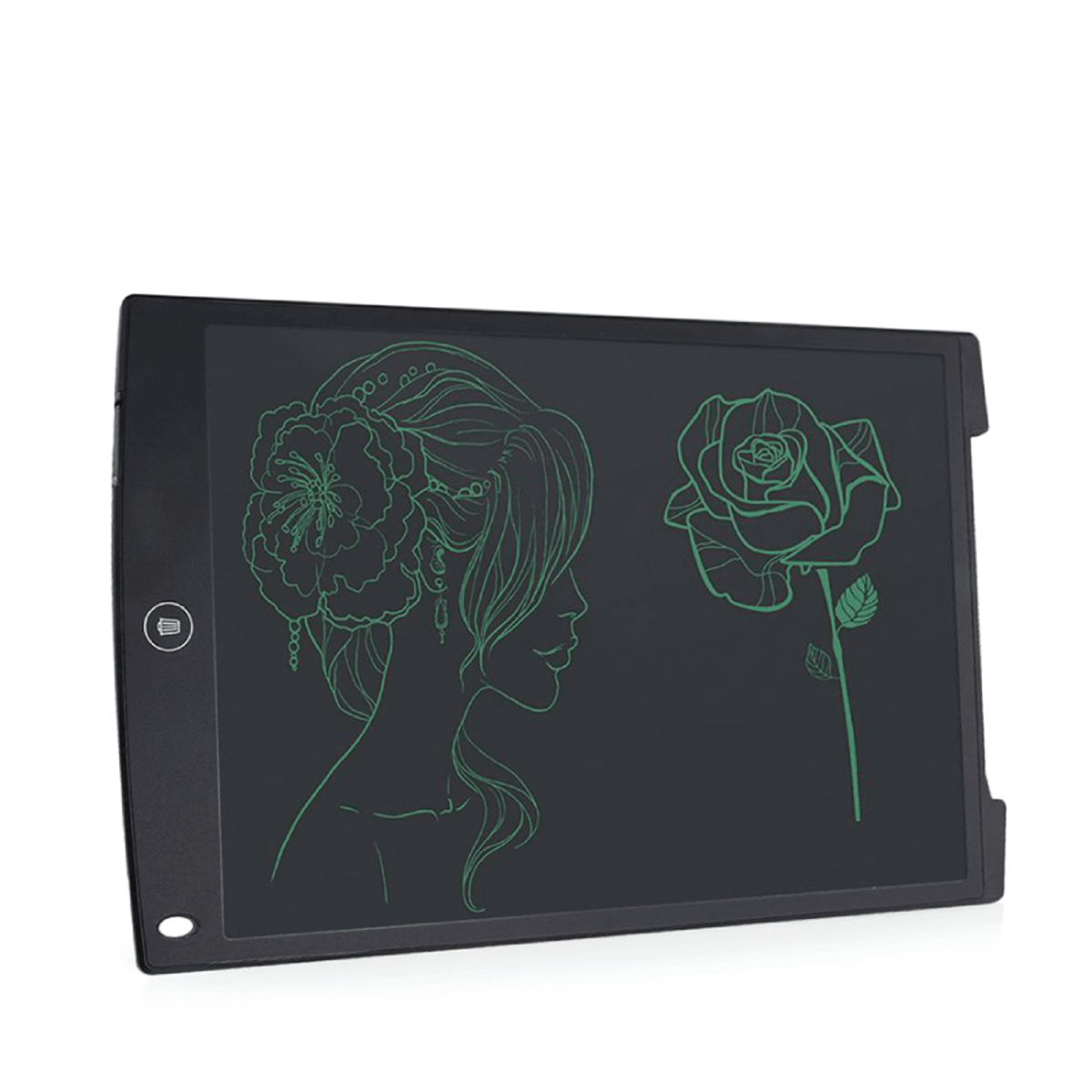 Tavoletta di scrittura elettronica nera con un disegno verde di una donna e un fiore.