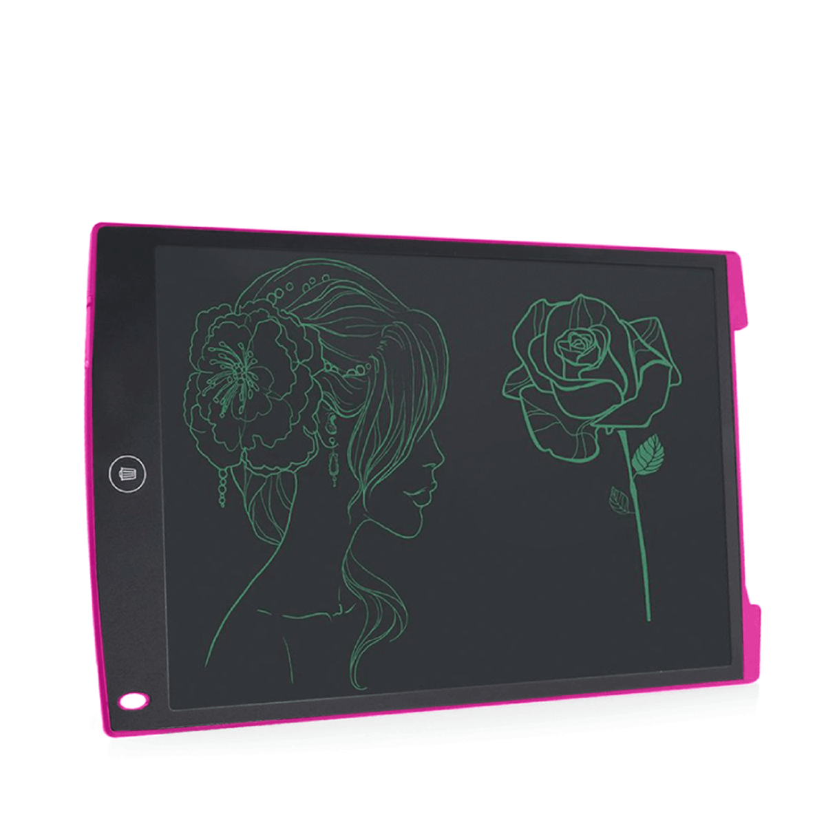 Tablet rosa con disegno di un volto femminile e un fiore. Linee verdi su schermo nero.