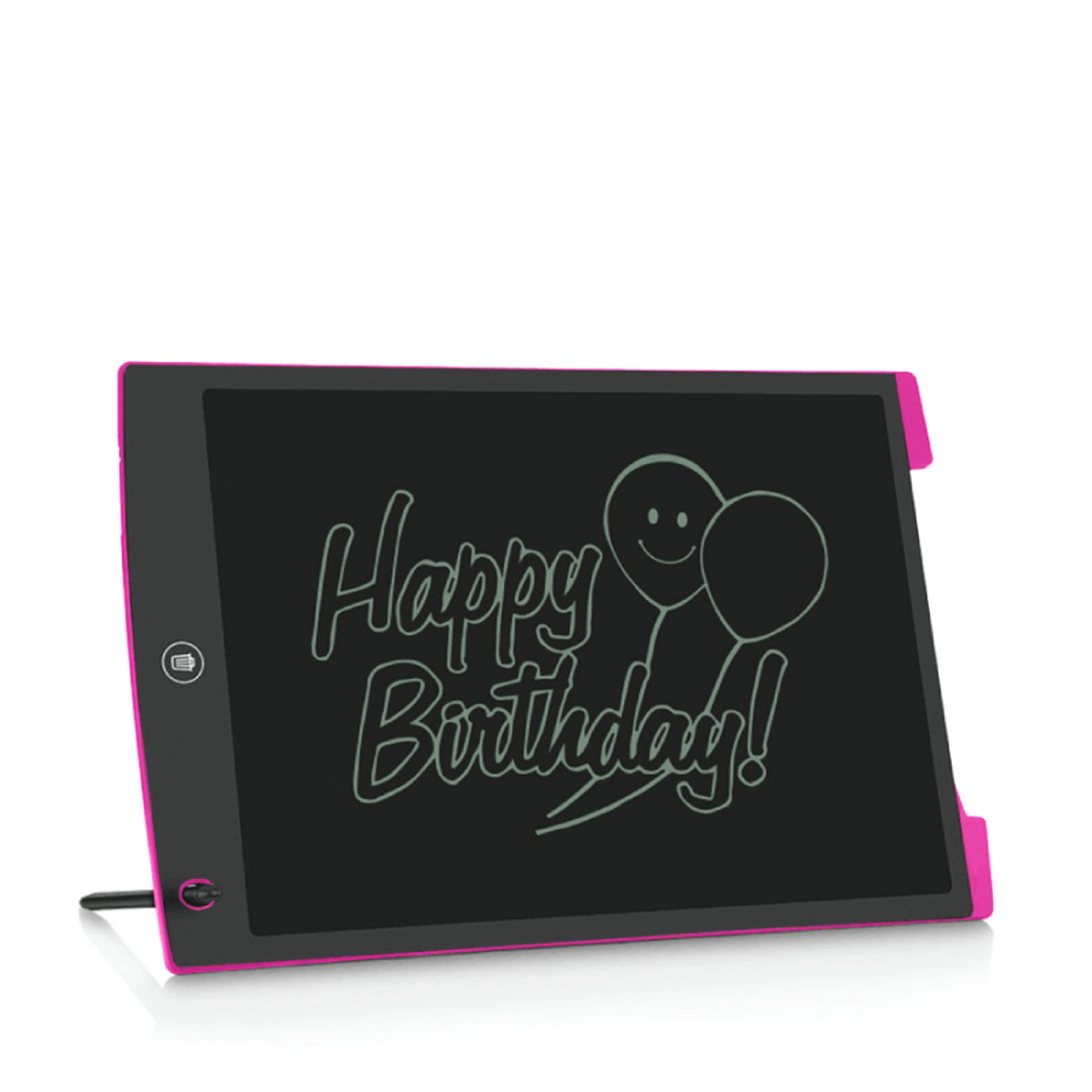 Lavagna rosa con un messaggio di Buon Compleanno e sfondo chiaro.