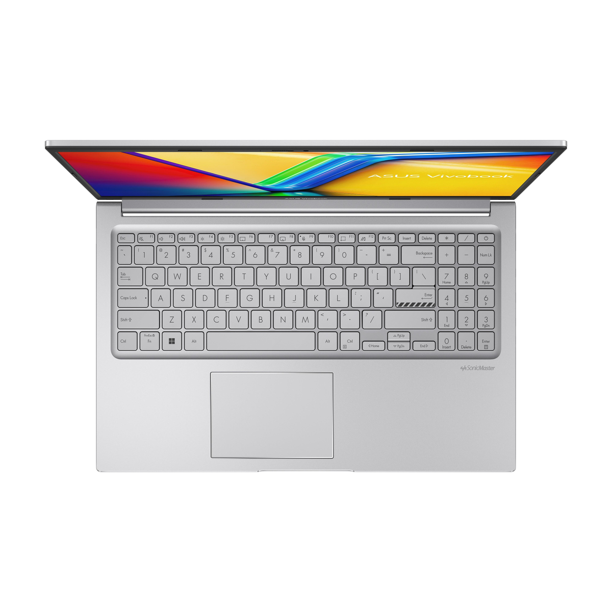 Vista dall'alto di un laptop ASUS con tastiera visibile. Il display mostra grafica colorata. Corpo argentato.