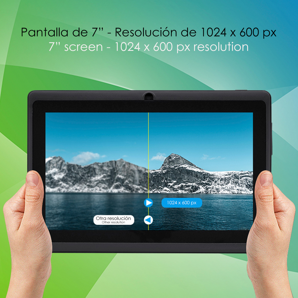 Hände halten ein Tablet, das einen geteilten Bildschirm mit See und Bergen zeigt.