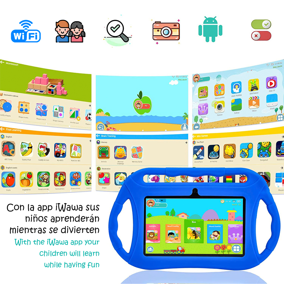 Tablet blu per bambini con app di apprendimento. Include un'icona Wi-Fi e illustrazioni di bambini.