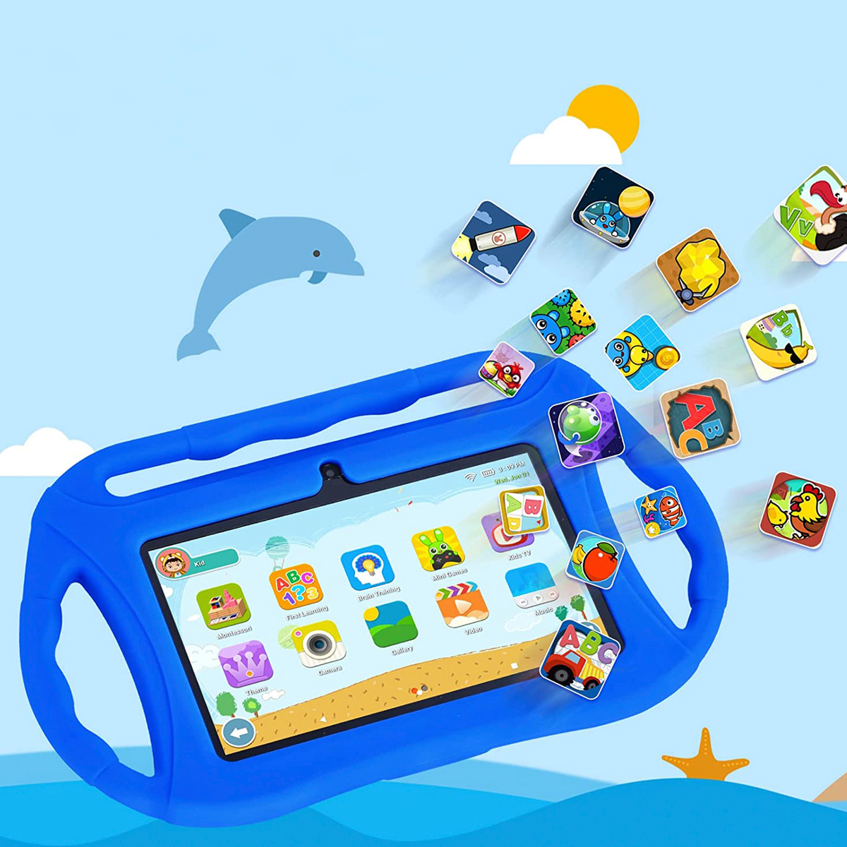 Tablet blu per bambini con icone di cartoni animati e grafica colorata, con un delfino.