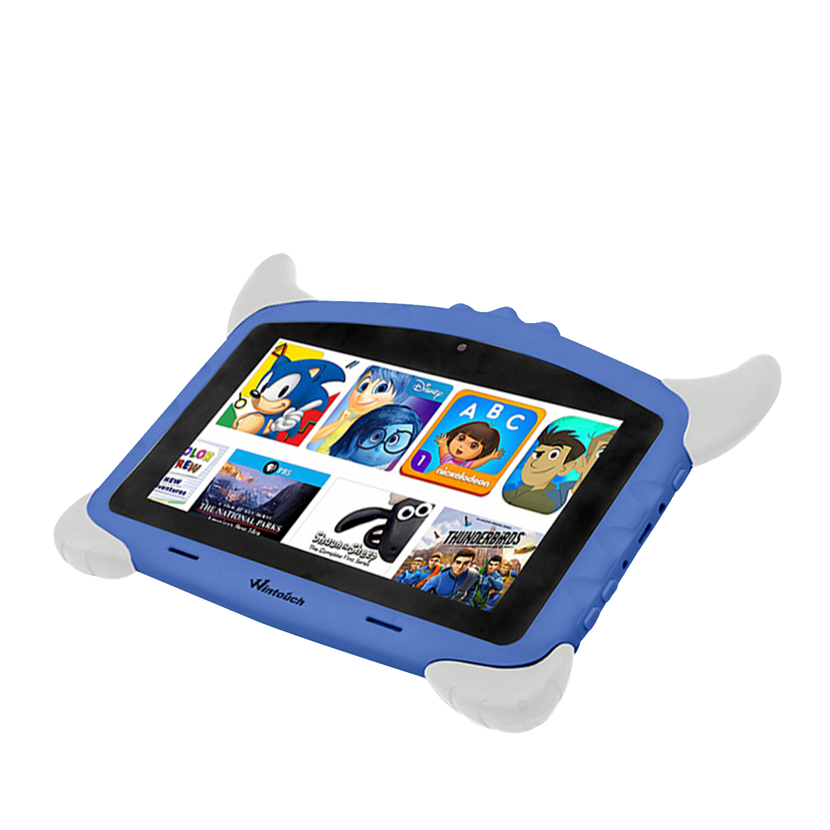 Blaues Tablet mit einer cartoonartigen Schutzhülle mit einem Bildschirm mit mehreren Apps.