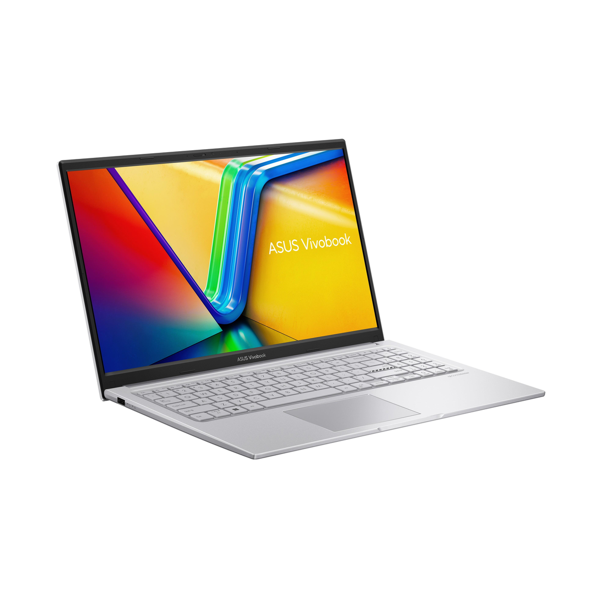 Laptop argentato con display colorato e logo ASUS Vivobook.