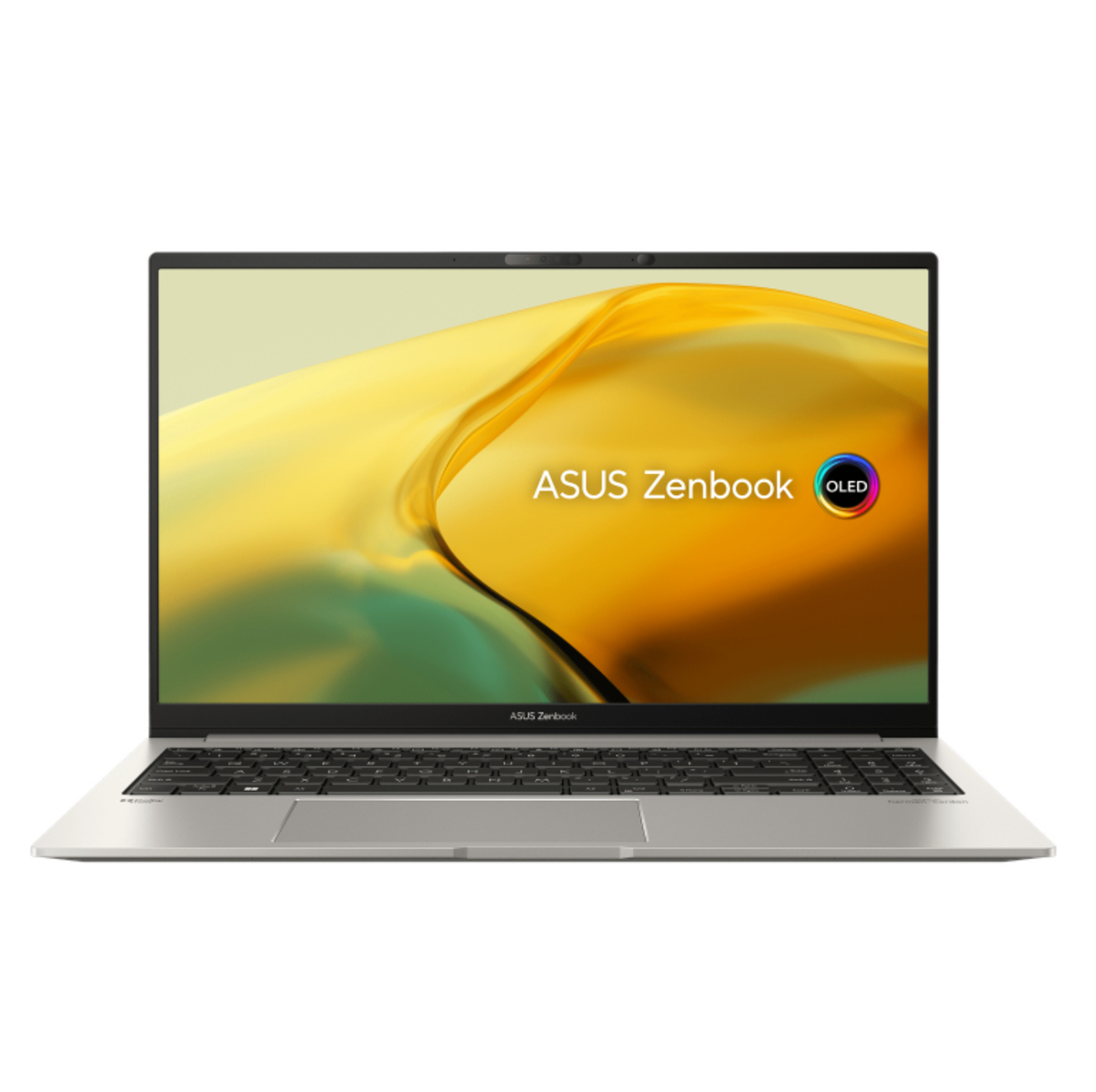 Portátil Asus Zenbook, abierto, con pantalla y fondo de color claro.