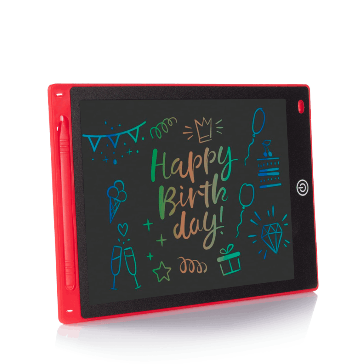Una tableta de dibujo roja con un lápiz óptico. En la pantalla hay una felicitación de cumpleaños.