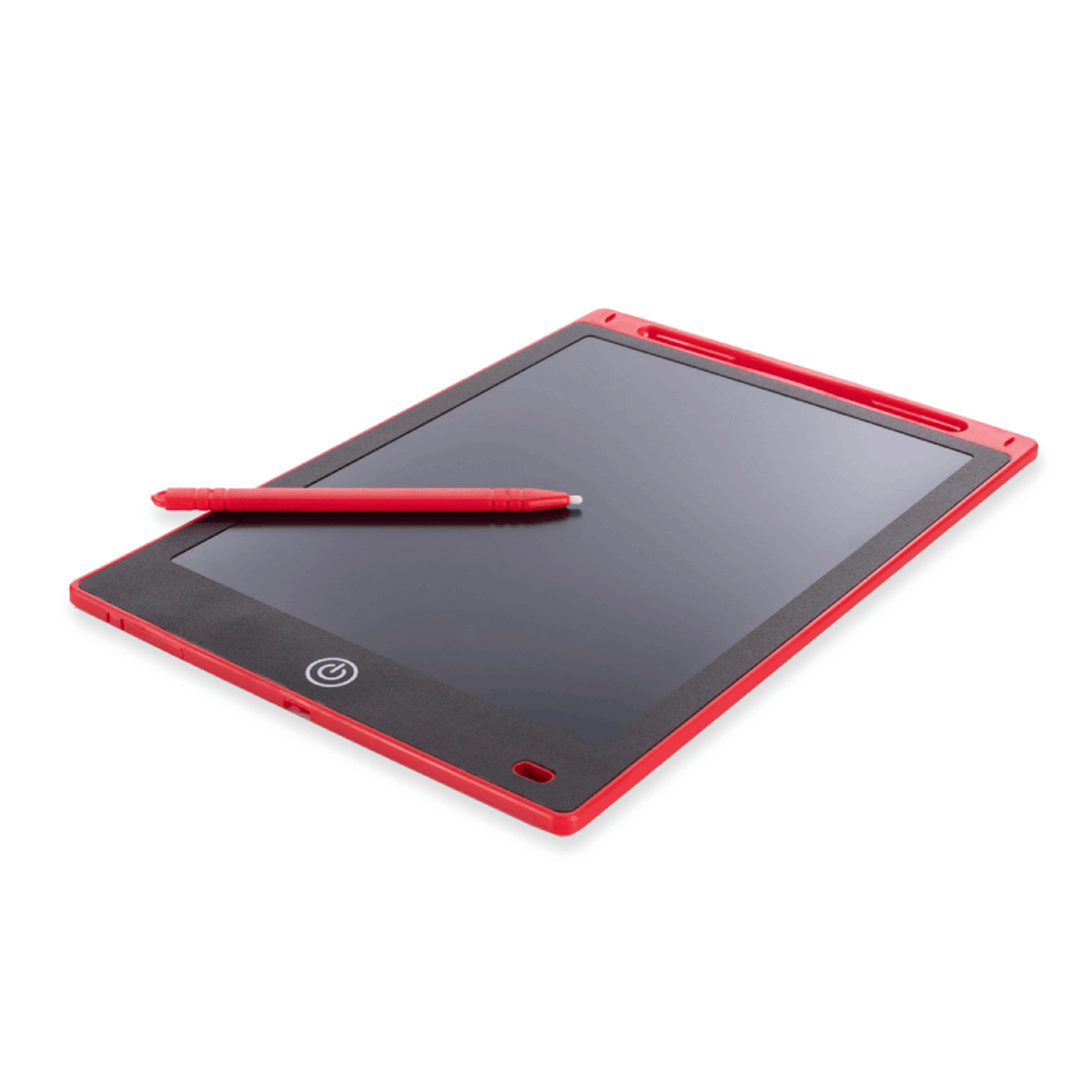 Tableta de escritura digital roja y negra con lápiz rojo. Fondo blanco.