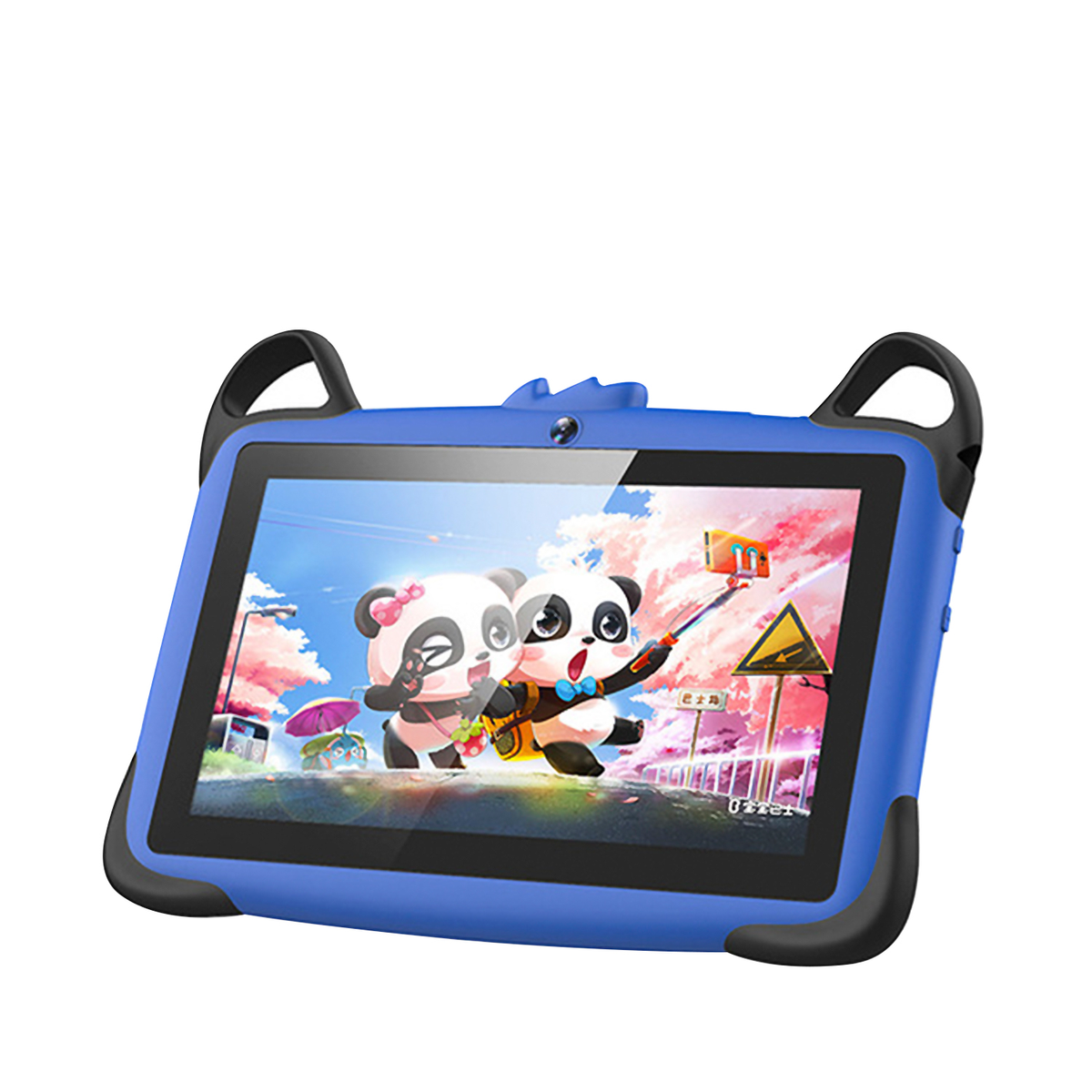 Blaues Tablet mit Cartoon-Bildern. Schwarze Griffe an der Seite. Weißer Hintergrund.