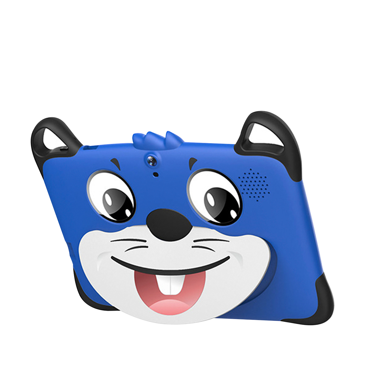 Blaues Tablet mit einem Cartoon-Katzen-Gesicht auf der Rückseite, weißer Hintergrund.
