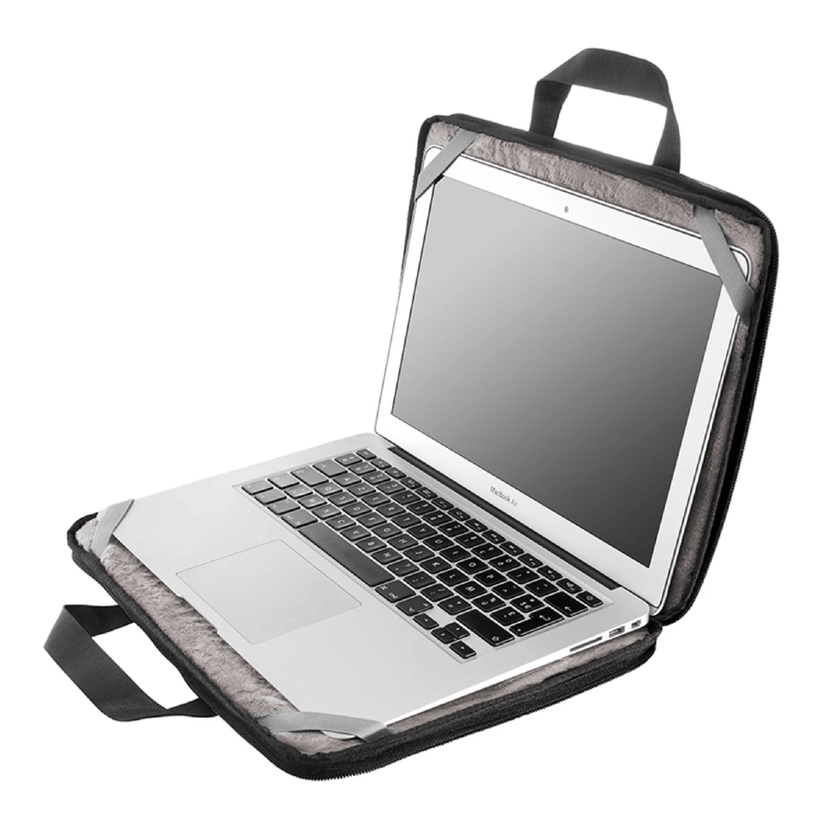 Ordenador portátil en una funda negra. La funda tiene una asa y está abierta, mostrando el portátil dentro.
