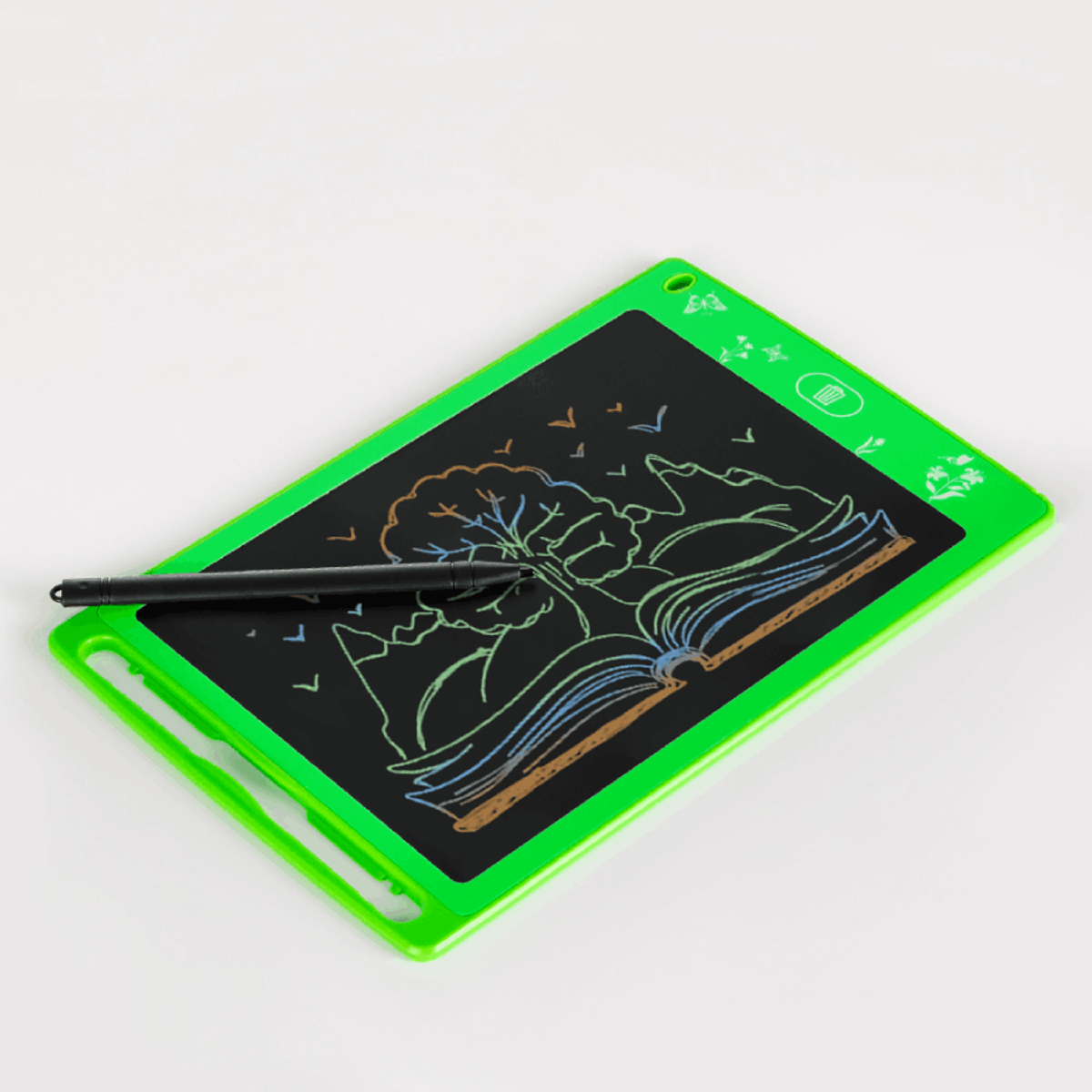 Ein grünes Zeichentablett mit einem Stift. Es hat eine Zeichnung eines Baumes und eines Buches auf dem Bildschirm.