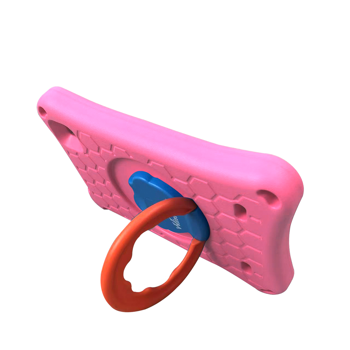 Rosa Tablet-Hülle mit eingebautem Ständer. Der Ständer ist blau und orange.