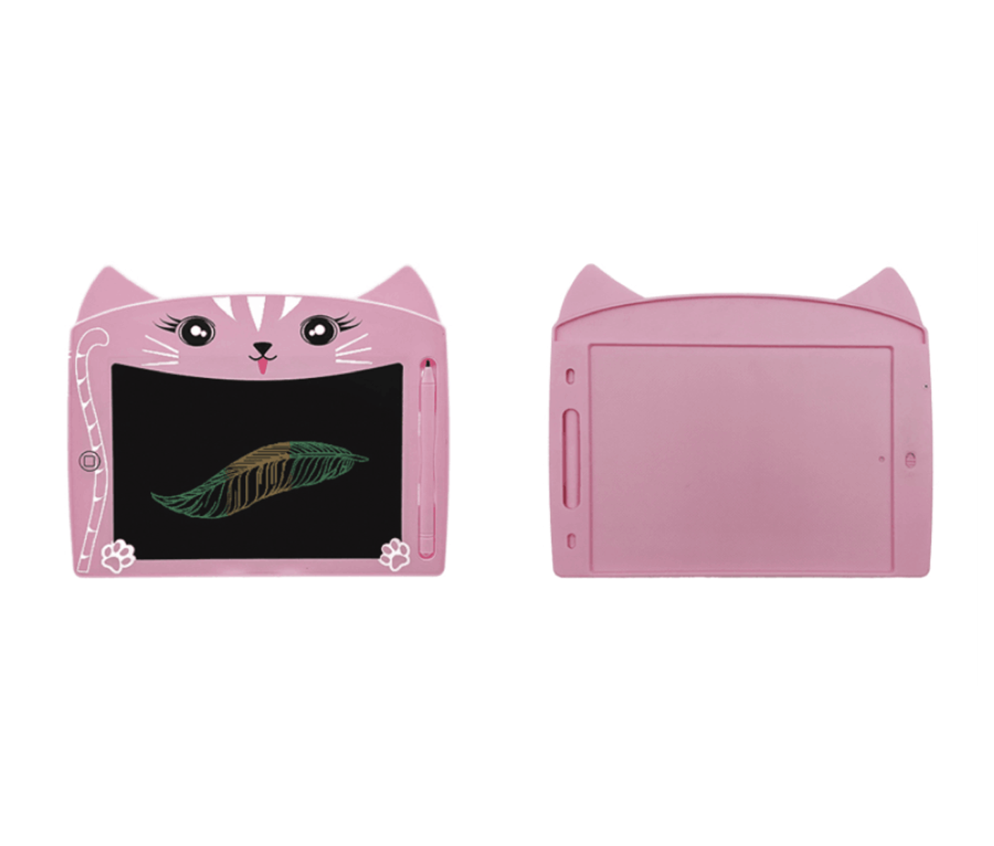 Una lavagna rosa a forma di gatto con una penna. Il disegno è una piuma verde.