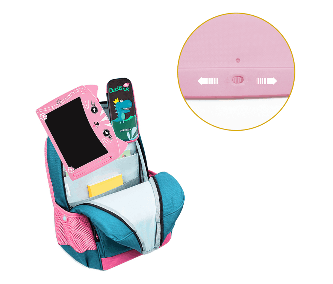Uno zaino rosa con una tavoletta grafica e una penna all'interno.
